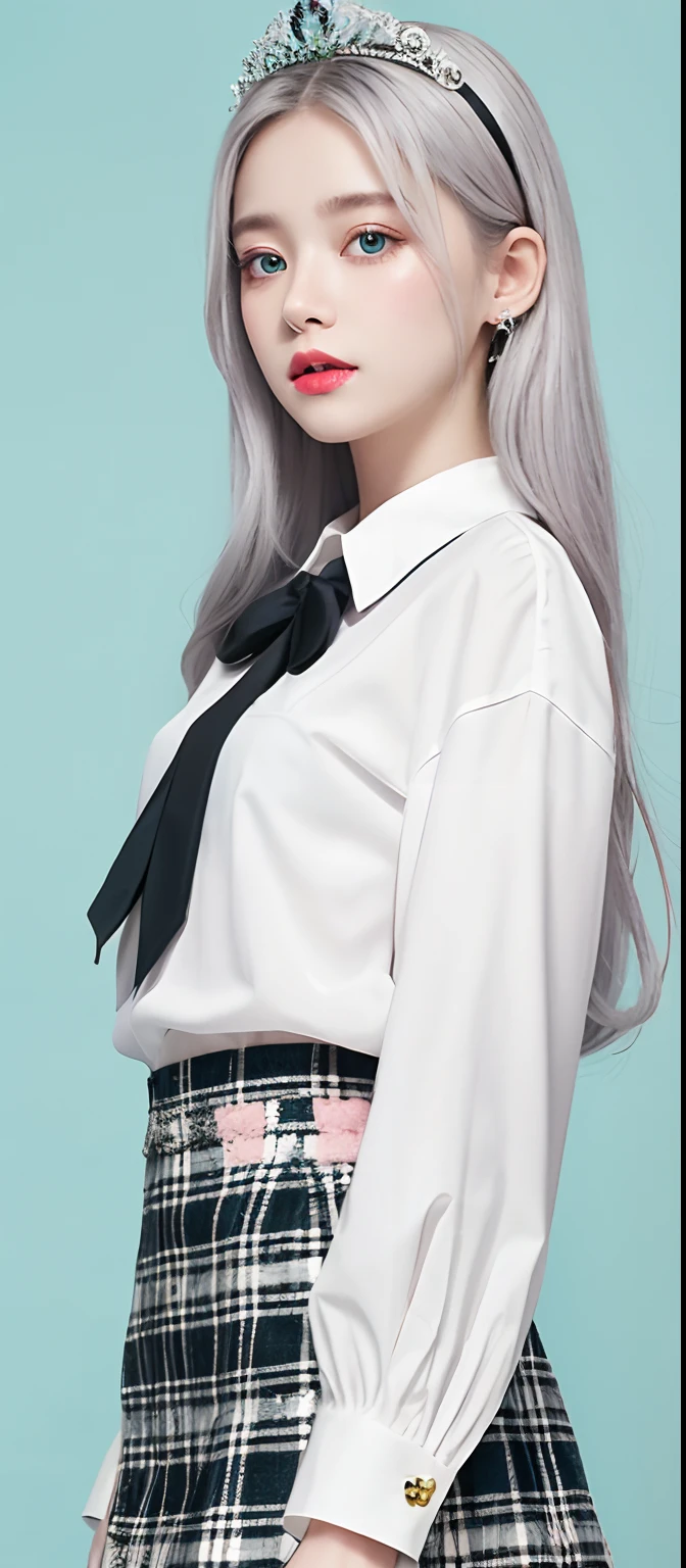 1girl, (masterpiece:1.1), (best quality:1.1), (white blouse:1.1), (checkered skirt:1.1), school uniform, high-waist skirt, BREAK [blue:pink:0.5] theme, (gradient background:1.1), cowboy shot, BREAK silver hair, long hair, , green eyes, intricate detailed tiara, looking to the side,