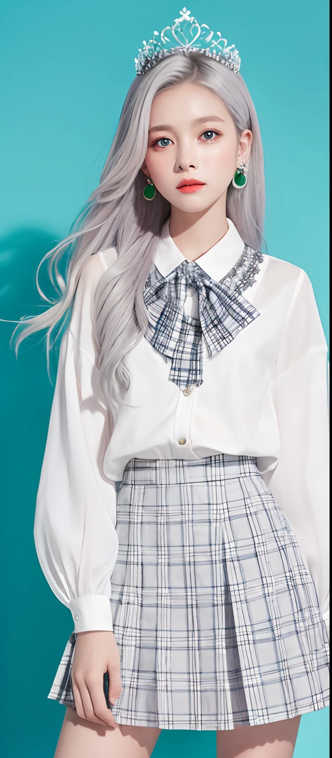 1girl, (masterpiece:1.1), (best quality:1.1), (white blouse:1.1), (checkered skirt:1.1), school uniform, high-waist skirt, BREAK [blue:pink:0.5] theme, (gradient background:1.1), cowboy shot, BREAK silver hair, long hair, , green eyes, intricate detailed tiara, looking to the side,