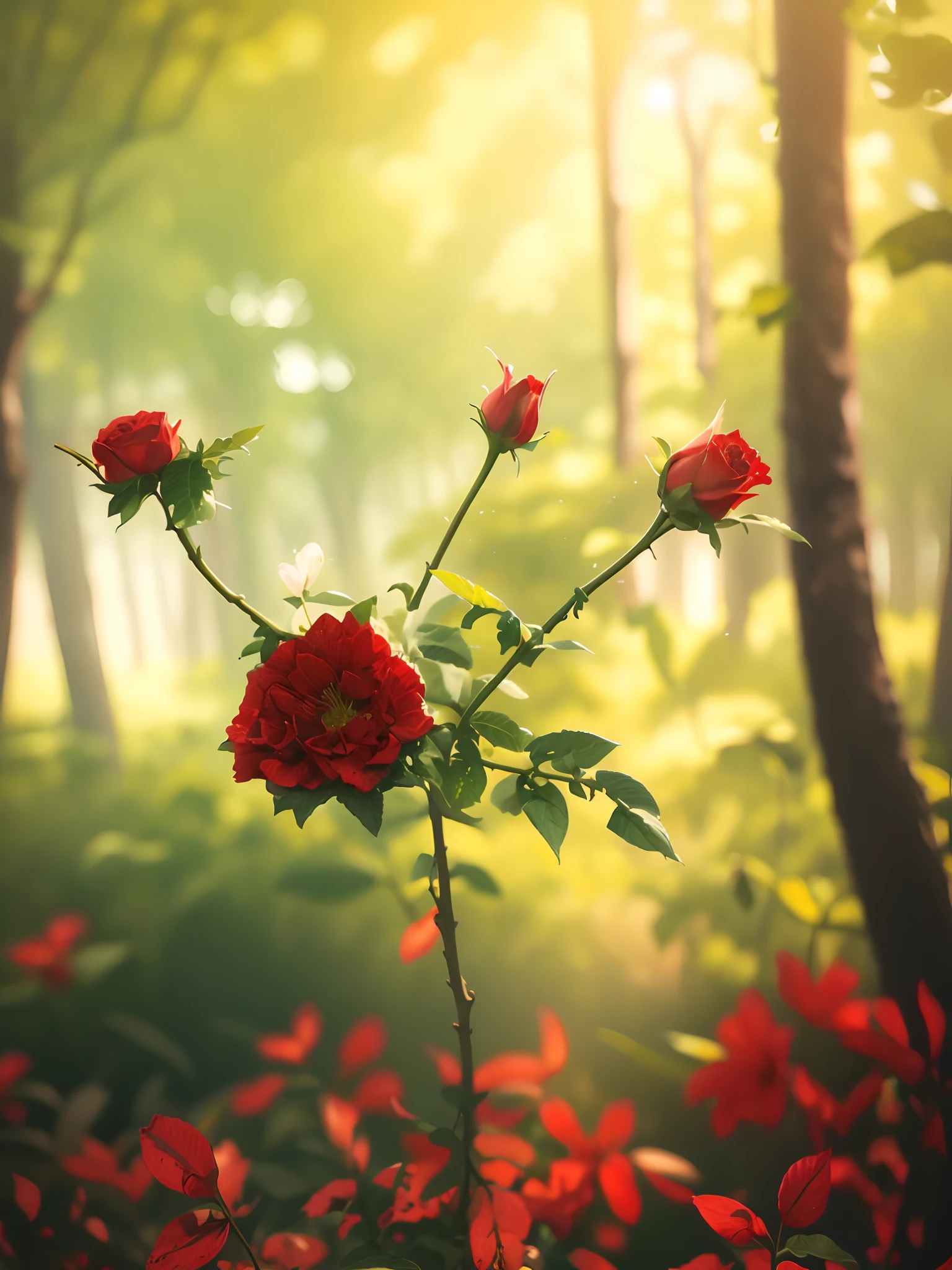 Realistic flowers color red Background change on green forest view 8k
