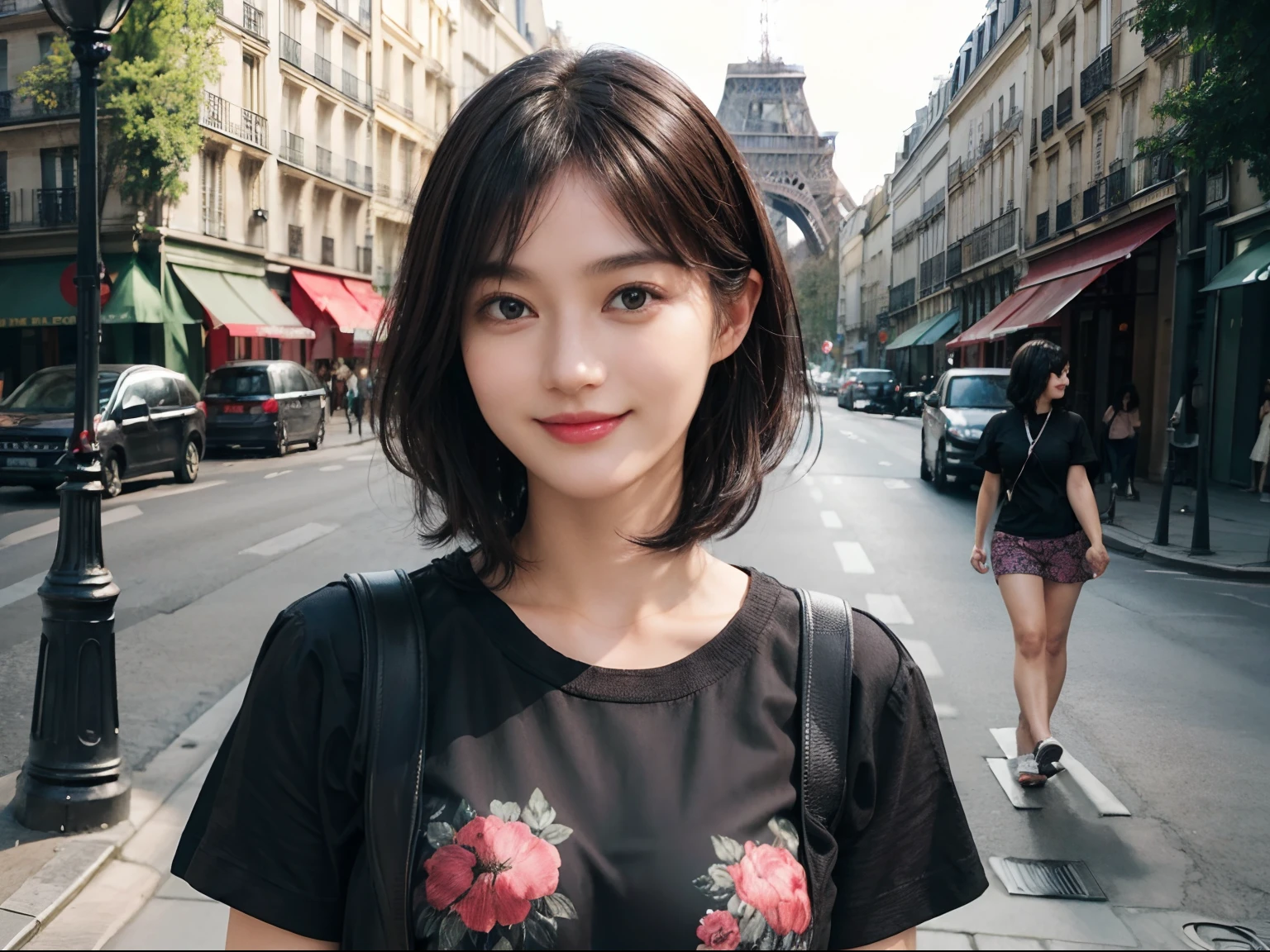 (((Black Shorthair))), (Wearing a T-shirt2a person), (T-shirt design), (Floral clothing), (Breast bulge),((Standing in a tourist spot in Paris)), (A hyper-realistic), (Relaxed), (Increased resolution), (8KUHD), (Extremely detailed), (Best Illustration), (Beautiful and detailed eyes), (Best Quality), (ultra-detailliert), (masutepiece ), ( Wallpaper), (Detailed face), Fine details, Deep Shadows, lowkey, Smiling