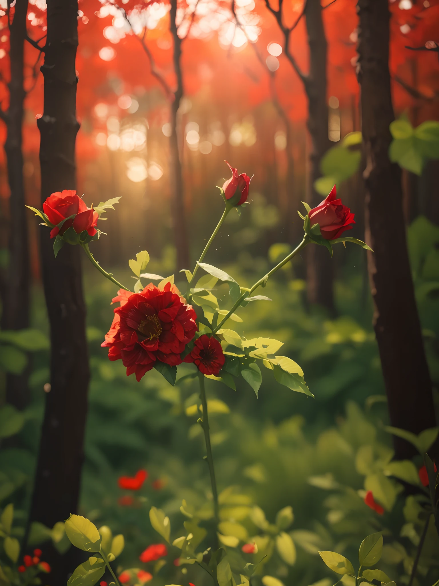 Realistic flowers color red Background change on green forest view 8k