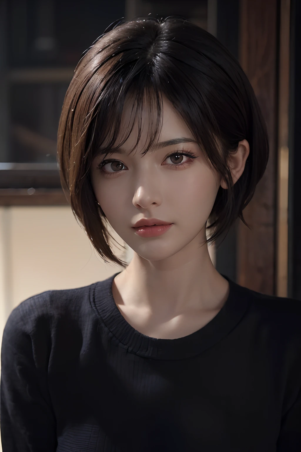 (masterpiece:1.3), (8k, photorealistic, RAW photo, best quality: 1.4), (1girl), beautiful face, (realistic face), (black hair, short hair:1.3), Nice hairstyle,photorealistic eye,Nice detail eyes,(Realistic skin),Beautiful skins,(Sweaters),absurd res,enticing,超高分辨率,Ultra photo realsisim,The is very detailed,the golden ratio,Bottom subtitle:V I 50