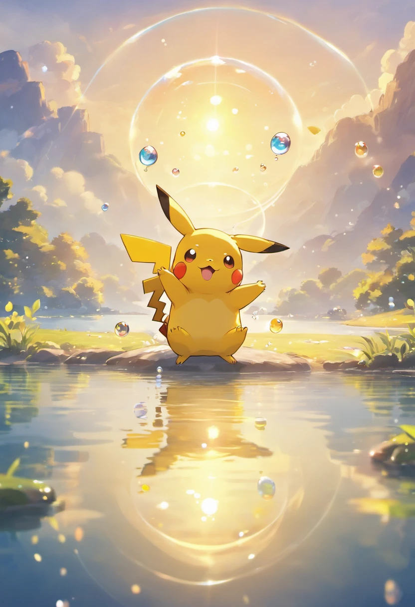 Ultra HD 3D graphics,Showcasing the touching scene of Pikachu making a wish by a tranquil lake. Pikachu, Beautiful rendering details, See gently blowing bubbles into the air, Everyone has hopeful wishes. Bubbles capture the reflection of the setting sun, Create dreams, Magical effect. The overall atmosphere is gentle, Full of hope and tranquility