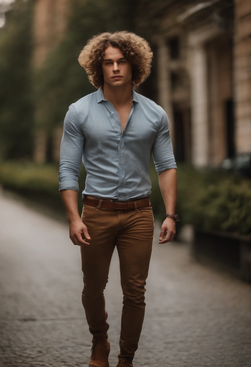 Portrait of young man, 24 y.o. , calm , realistic, model, blond brown curly hair