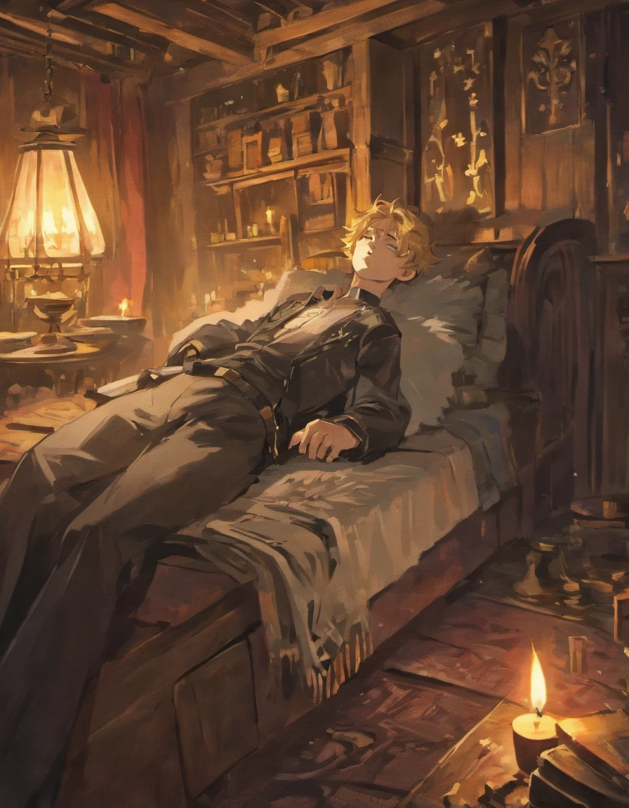 a man in a black shirt, lying on a sofa in a medieval bedroom, with his eyes tightly closed, (best quality, highres, ultra-detailed), dimly lit, oil painting style, richly textured wooden walls, a velvet upholstery sofa, a single lit candle on a nearby table, dust particles floating in the air, a sense of tranquility and solitude