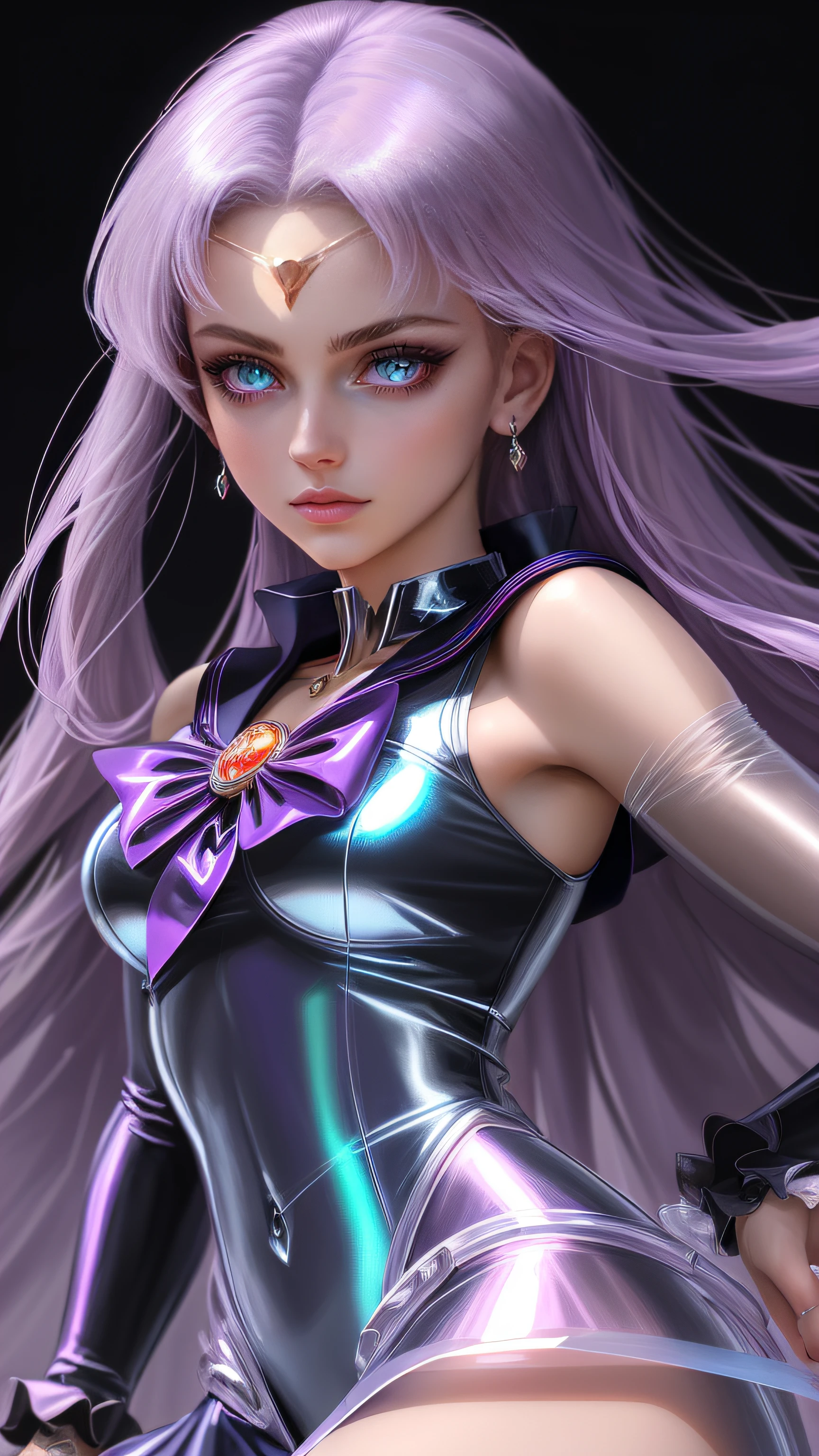 masutepiece, beautiful Girl , Sailor Moon Style , Laser Clear PVC Texture Clothing , prisma , Melancholy expression, Beautiful eyes , brilliance , Jewelry , Portrait , game original painting , anime character concept design , Beautiful face , Sacred, long transparent iridescent GB hair, Transparent iridescent reflection of her hair, Highly detailed, Gorgeous Holy Girl, beautiful light on black background