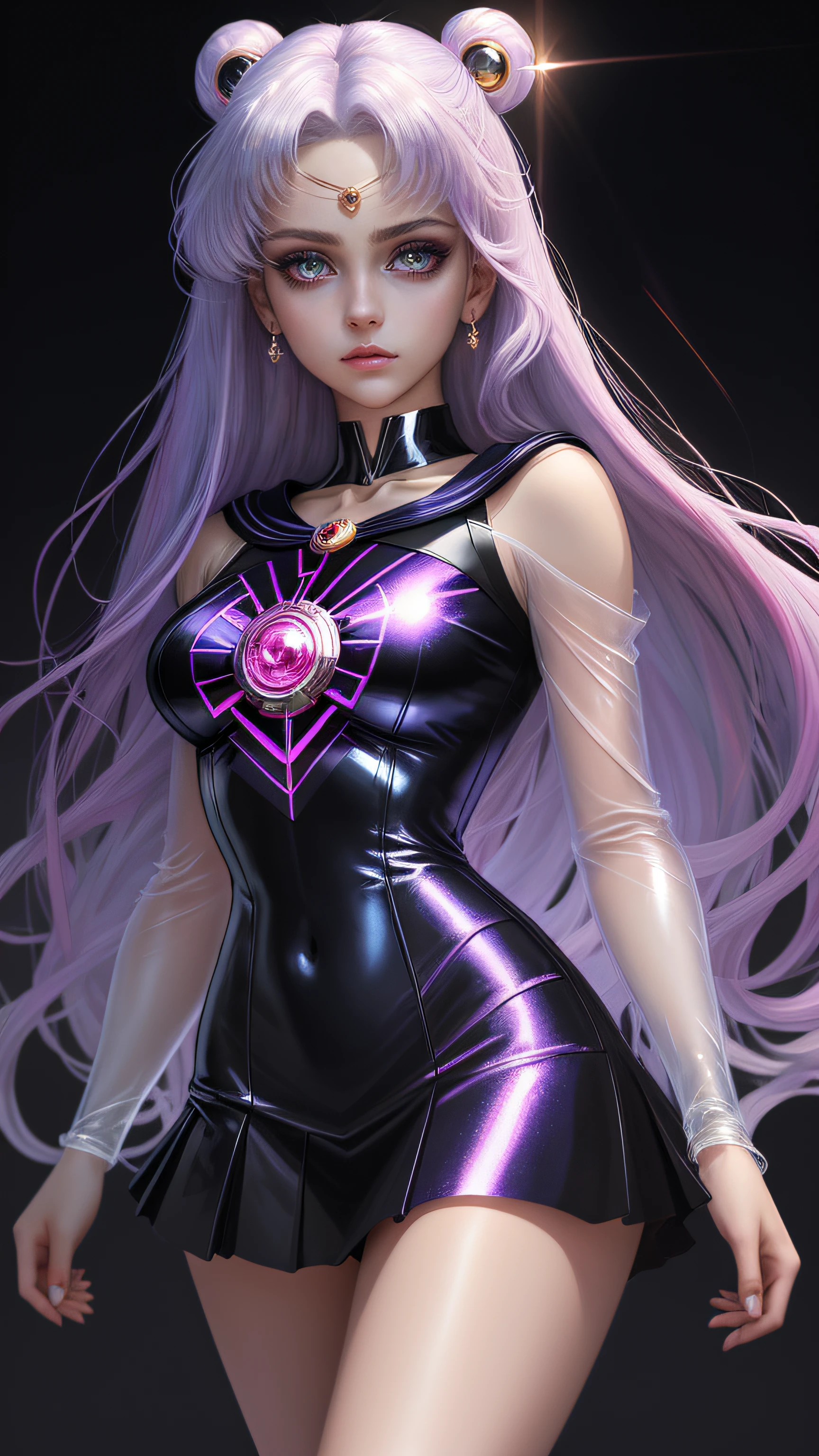 masutepiece, beautiful Girl , Sailor Moon Style , Laser Clear PVC Texture Clothing , prisma , Melancholy expression, Beautiful eyes , brilliance , Jewelry , Portrait , game original painting , anime character concept design , Beautiful face , Sacred, long transparent iridescent GB hair, Transparent iridescent reflection of her hair, Highly detailed, Gorgeous Holy Girl, beautiful light on black background