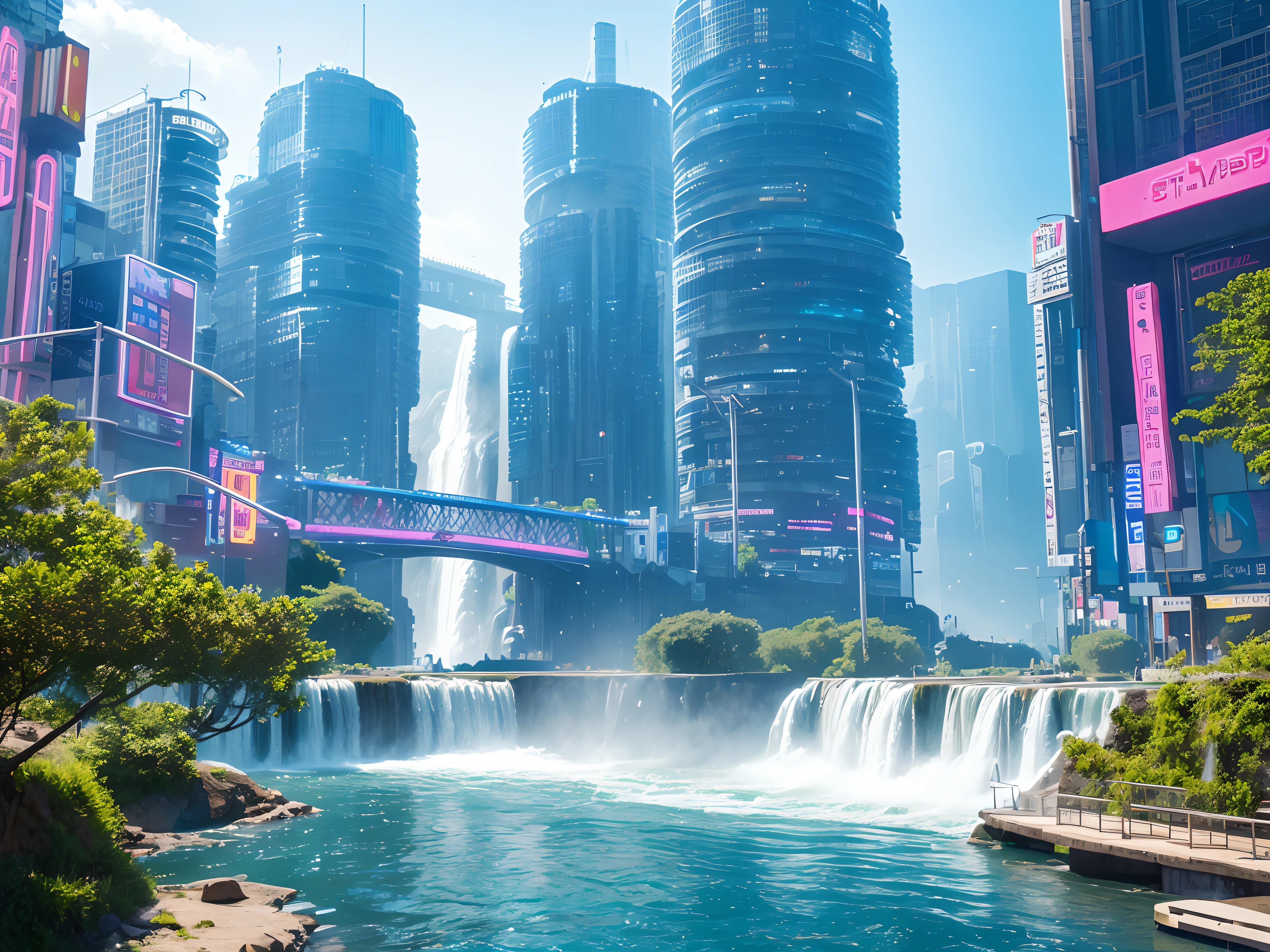 The great Waterfall in the Center cyberpunk city, beautiful landscape, hi-tech city, neon poster on the building, beauty river