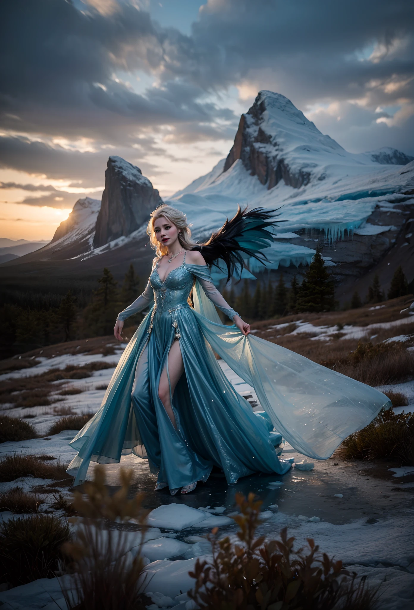 Elsa of Arendelle with her back to the picture，Spread your ice wings，Raise your hands high to unleash magic，In front of you stands a snow-capped mountain，(Numerous award-winning masterpieces of, With incredible details, textures and maximum detail), (Full body view:1.8), (Ultra photo realsisim:1.4), (Realistic:1.3), (best quality real texture skin), (Fine true circle Symmetrical eyes), finerly detailed face, ((medieval world)), ((The Lord's Ice Demon)), ((The lord's icy cold extreme cold demon)), (Burning bright and cold eyes), (She has a mischievous smile on her face), (Eyes that glow blue in the dark:1.5), (Full body view:1.5), (A pair of ice blue eyes，A strong blue light emits from the inside:1.5), (Rotating ice and strong wind in the background), (Dramaticlight), (A majestic sight), (Her countenance is gentle and beautiful, but somehow terrifying), Glass earrings on the ears, (Full body view:1.5),(Full body view:1.5), (Dramatic photo:1.4), (dramatic pose), (Golden hair), (Silver hair), (Maroon hair), short detailed hair, ((head looking up)), ((Looking down)), (Around her neck is a simple necklace of exquisite workmanship), (Bio-luminescence，Brilliant light:1.3), (Use gorgeous icy magic:1.3), (Swirling snow and ice), (Luminous magic circle:1.5), Shining majestic cloud masses and sky, salama, epic realistic, Faded, art, (greg rutkovsky:0.8), (Teal and orange:0.4), (Art Station:1.5), Cinematic, ((com cores neutras)), (hdr:1.5), (pastel colour:1.2), ultra - detailed, Dramaticlight, (Intricate details:1.1), the complex background,