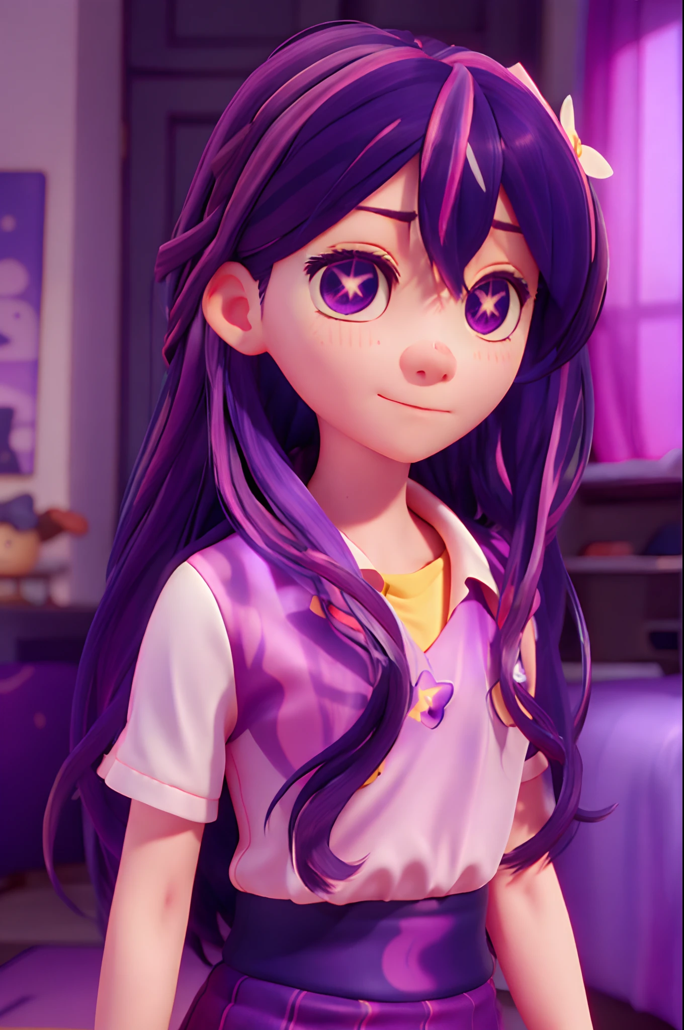 Hoshino Ai, long hair, purple hair, streaked hair ,purple eyes, star-shaped pupils, hair ornament,