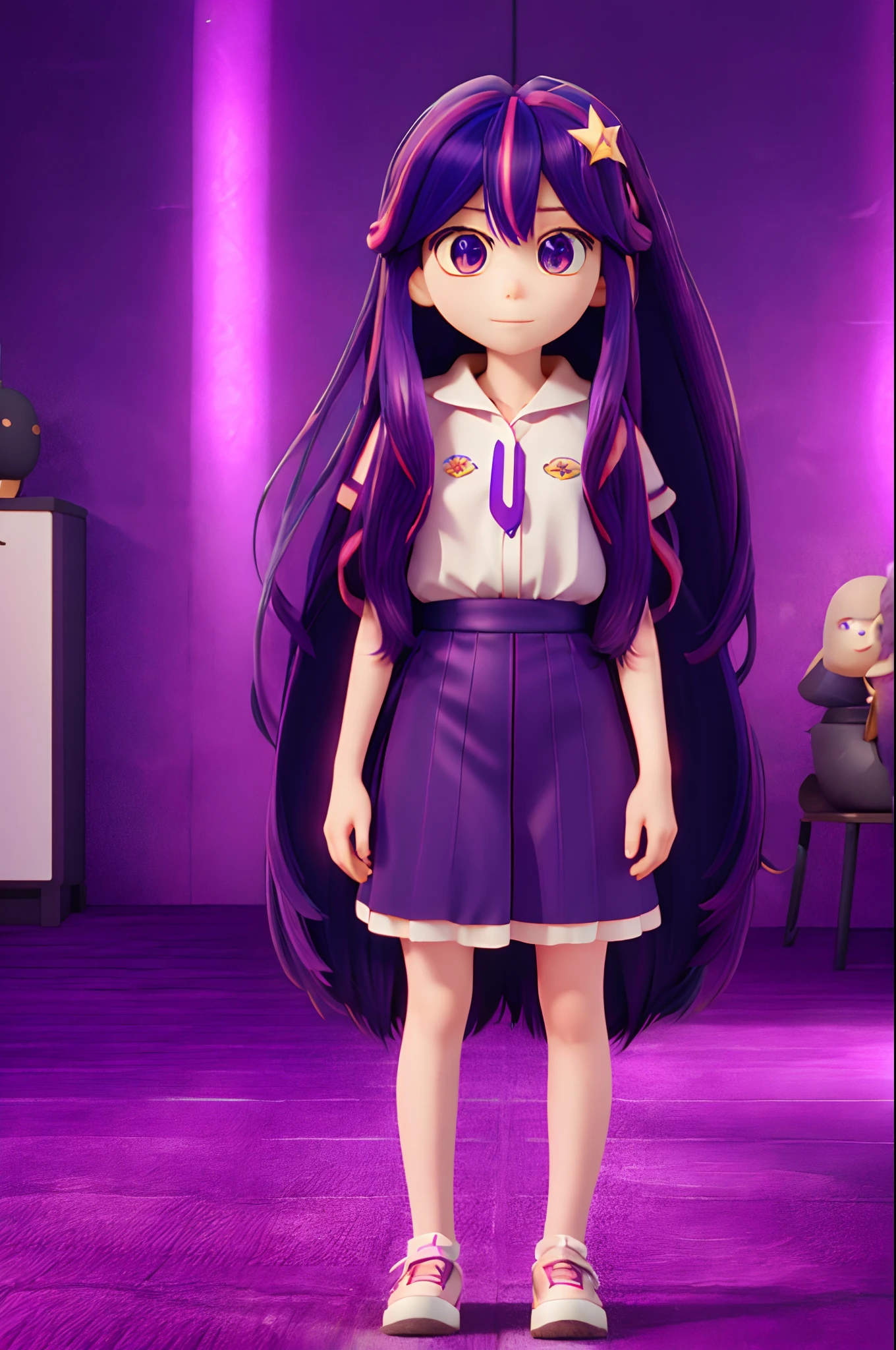 Hoshino Ai, long hair, purple hair, streaked hair ,purple eyes, star-shaped pupils, hair ornament,