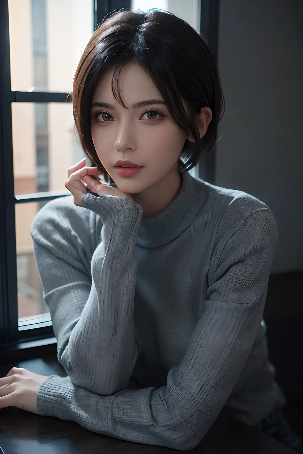 (masterpiece:1.3), (8k, photorealistic, RAW photo, best quality: 1.4), (1girl), beautiful face, (realistic face), (black hair, short hair:1.3), beautiful hairstyle, realistic eyes, beautiful detailed eyes, (realistic skin), beautiful skin, (sweater), absurdres, attractive, ultra high res, ultra realistic, highly detailed, golden ratio