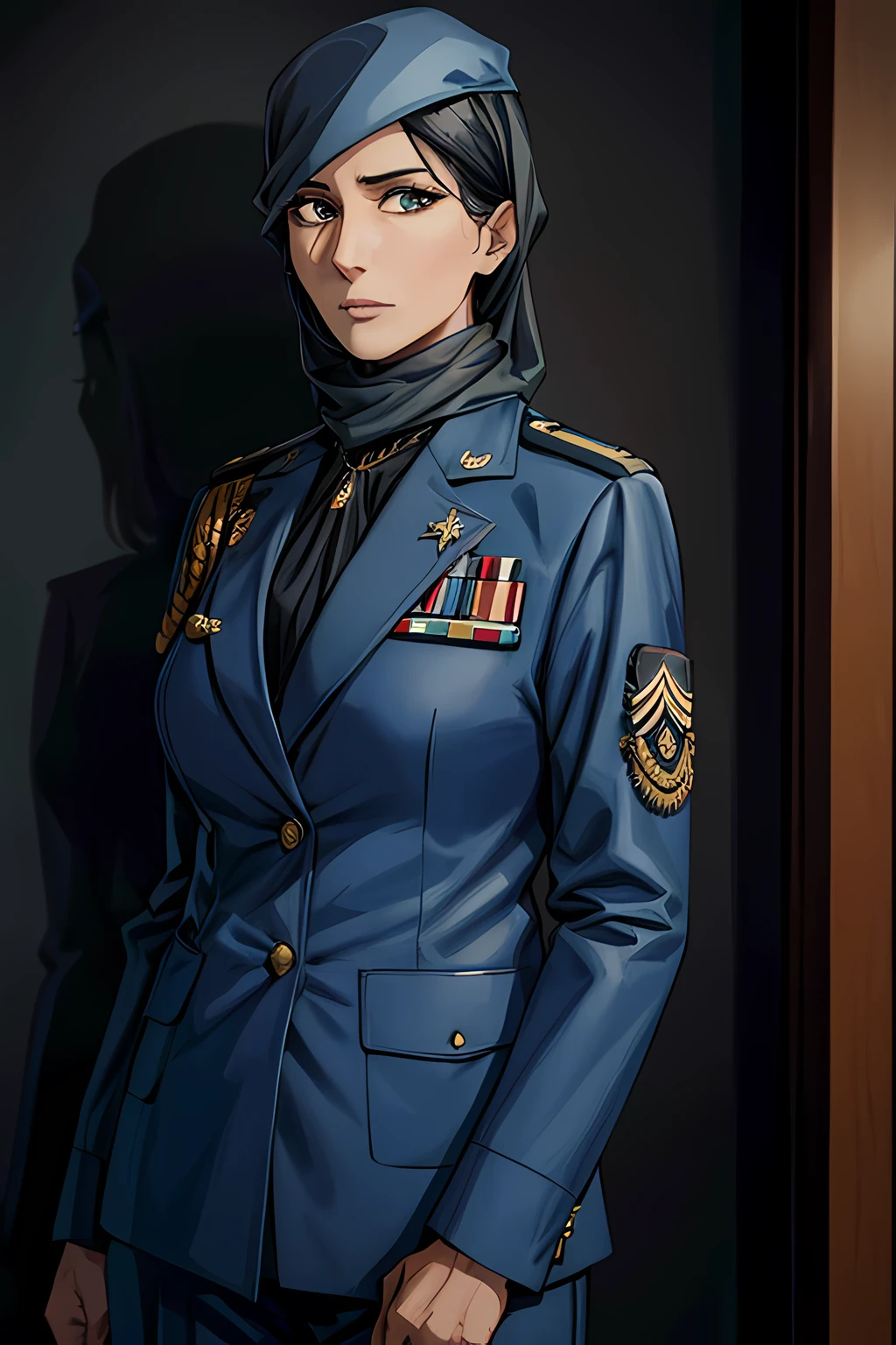 a masterpiece portrait of a 35 years old arab woman in a blue (admiral) uniform mature_female, black_hair, (brown_skin), military, serious, (hiyab:0.6), military_uniform suit, mariner, navy, looking_at_viewer, brooches, medals, solo cowboy_shot