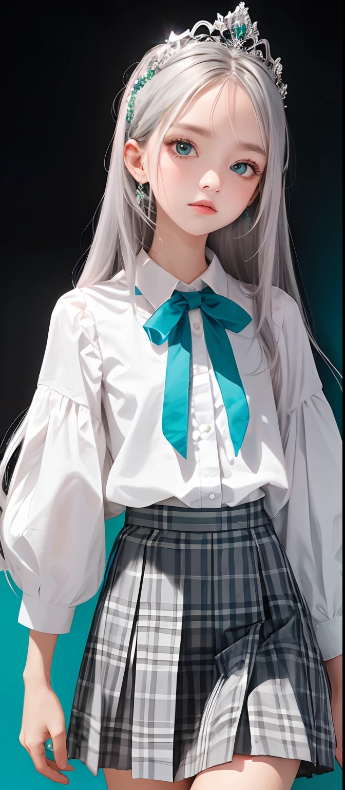 1girl, (masterpiece:1.1), (best quality:1.1), (white blouse:1.1), (checkered skirt:1.1), school uniform, high-waist skirt, BREAK [blue:pink:0.5] theme, (gradient background:1.1), cowboy shot, BREAK silver hair, long hair, , green eyes, intricate detailed tiara, looking to the side,