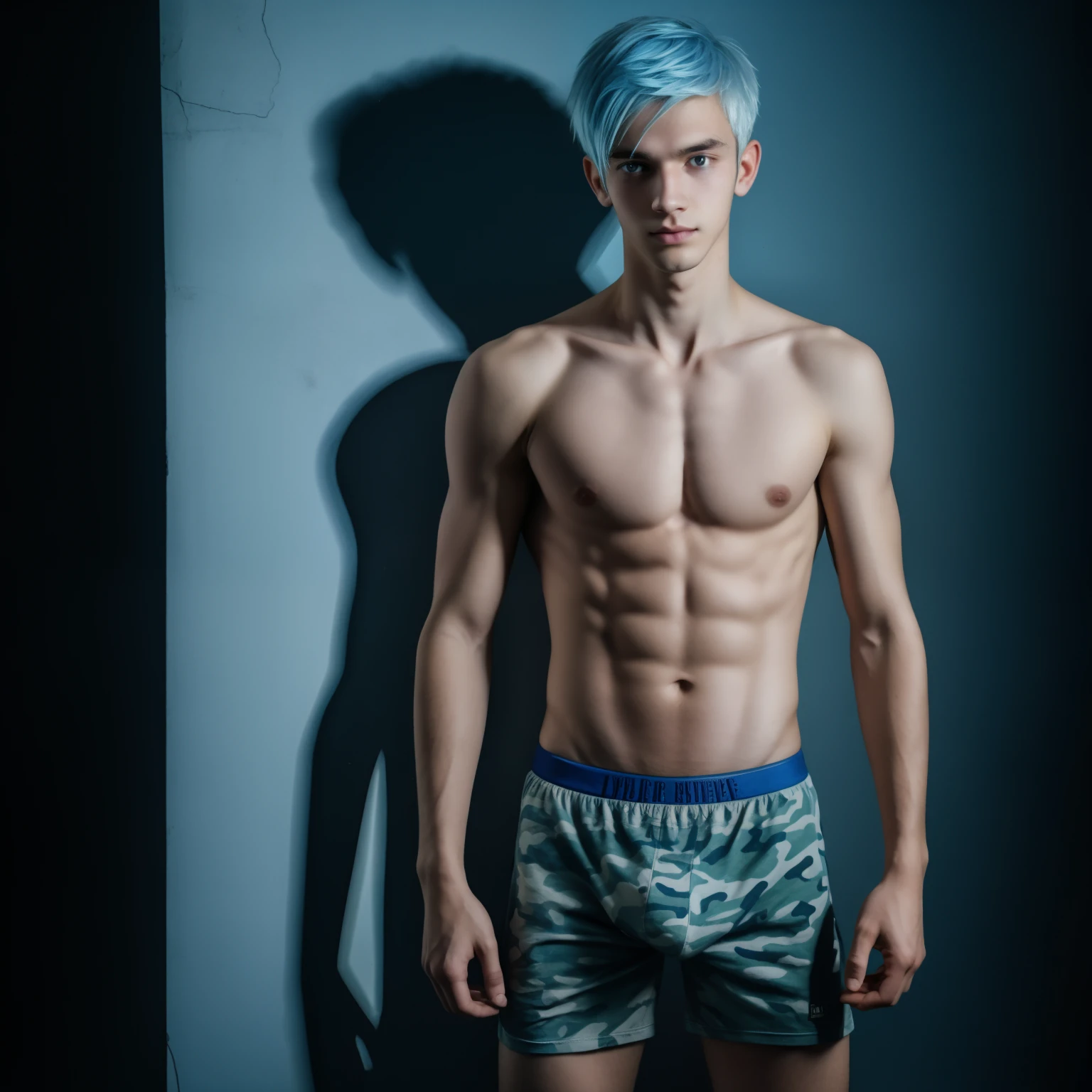 Teen male posing, tight boxers, skinny body, atmospheric, cute face, blue white hair, dead inside, camo shirt, dark lighting