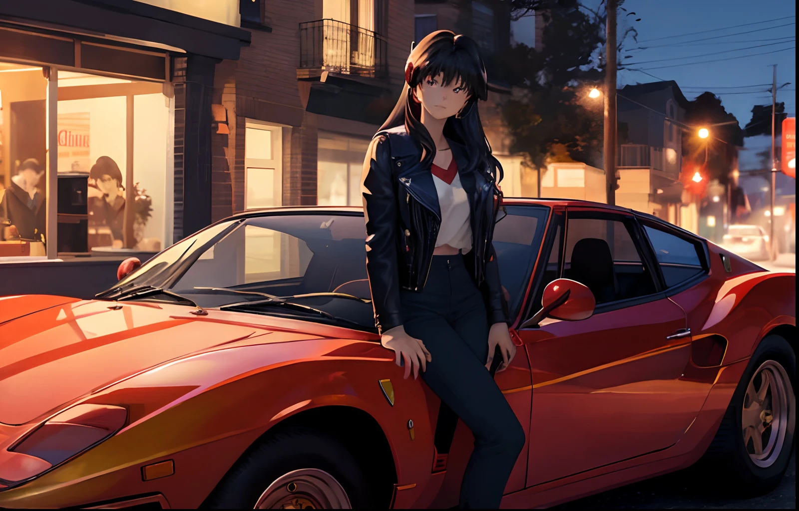 Masterpiece,best quality,
Sailor Mars leaning against a vintage red Ferrari, arms crossed with a relaxing expression on her face. She's wearing a black leather jacket and high heels, and the setting night cyber light glow on the scene. Camera angle: medium shot., wearing headphone,