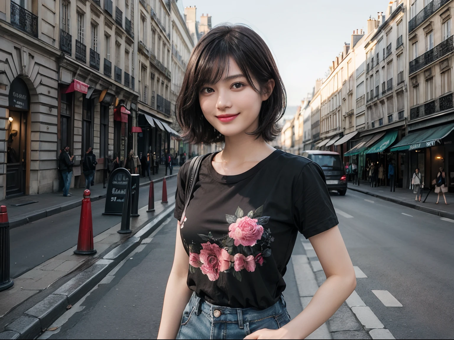 (((Black Shorthair))),  (Wearing a T-shirt２a person), (T-shirt design), (Floral clothing), (Breast bulge),((Standing in a tourist spot in Paris)),  (A hyper-realistic), (Relaxed), (Increased resolution), (8KUHD), (Extremely detailed), (Best Illustration), (Beautiful and detailed eyes), (Best Quality), (ultra-detailliert), (masutepiece ), ( Wallpaper), (Detailed face), Fine details,  Deep Shadows, lowkey,  Smiling