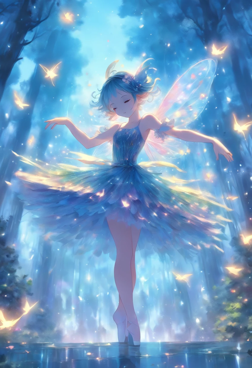 airy, Complex forest, Dancing ballet girl fairy composed from head to toe with transparent splashes, Eta、The sky blue dress is depicted on the cover of Gothic notes.
