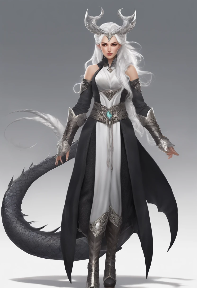 Character design sheet, same character, on front, from on the side, At the back. Young Dragon Girl, Tall stature, Toned physique. Long white hair braided, asymmetrical bangs. gray eyes. Black clothes with scaly patterns. Silver Horns on the head, Long Silver Dragon Tail. Silvery scales on the face. A silver fire burns around