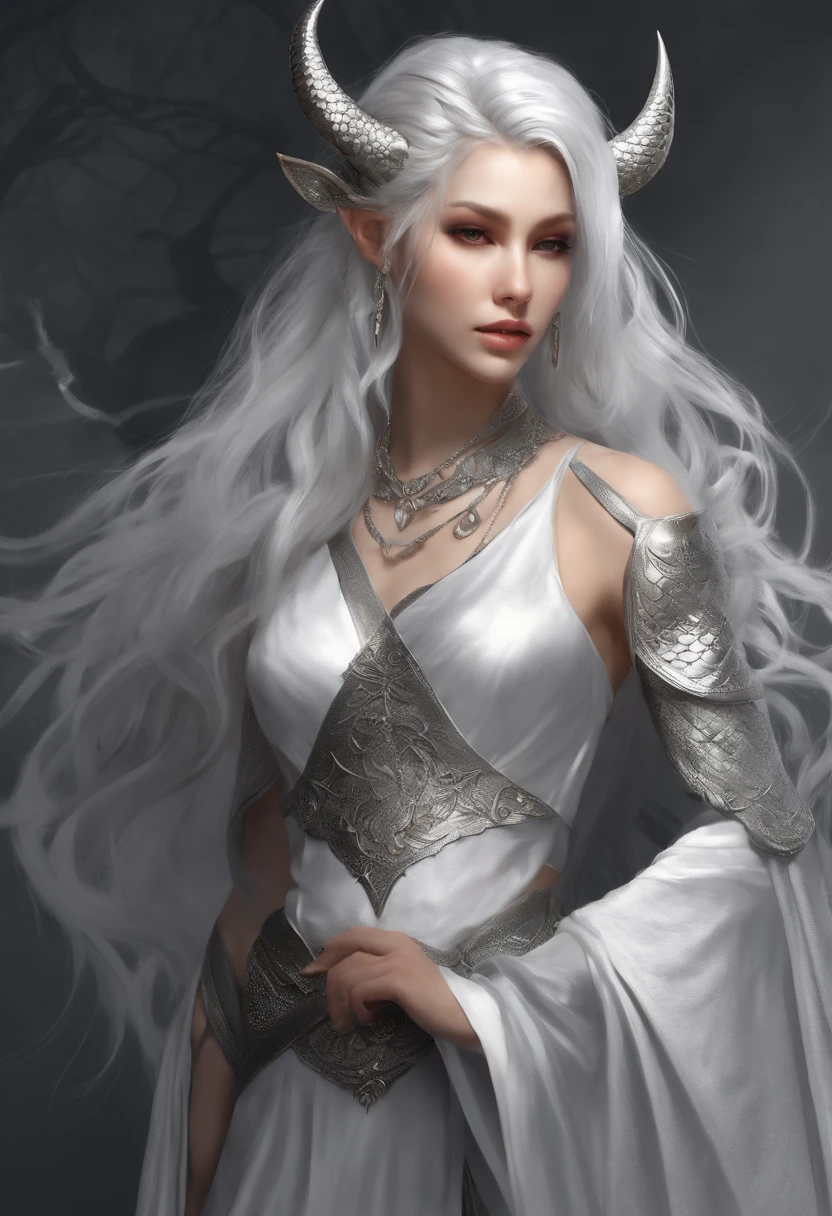 Character design sheet, same character, on front, from on the side, At the back. Young Dragon Girl, Tall stature, Toned physique. Long white hair braided, asymmetrical bangs. gray eyes. Black clothes with scaly patterns. Silver Horns on the head, Long Silver Dragon Tail. Silvery scales on the face. A silver fire burns around