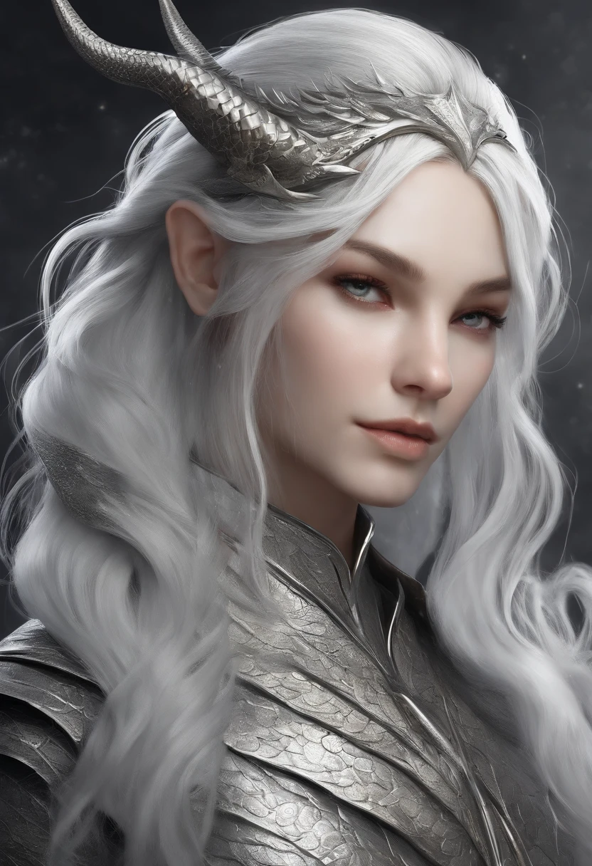 Character design sheet, same character, on front, from on the side, At the back. Young Dragon Girl, Tall stature, Toned physique. Long white hair braided, asymmetrical bangs. gray eyes. Black clothes with scaly patterns. Silver Horns on the head, Long Silver Dragon Tail. Silvery scales on the face. A silver fire burns around