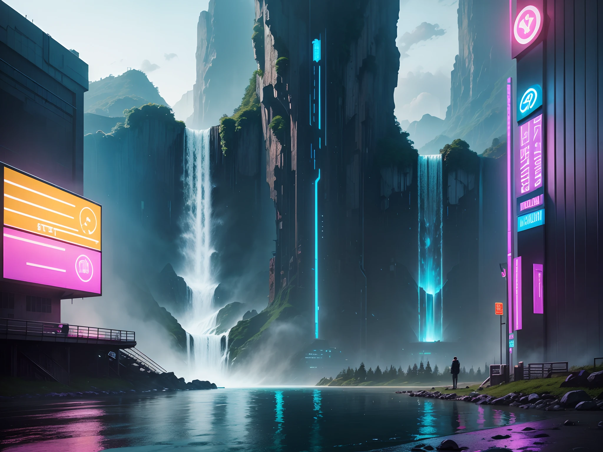 The great Waterfall in the Center cyberpunk city, beautiful landscape, hi-tech city, neon poster on the building, beauty river
