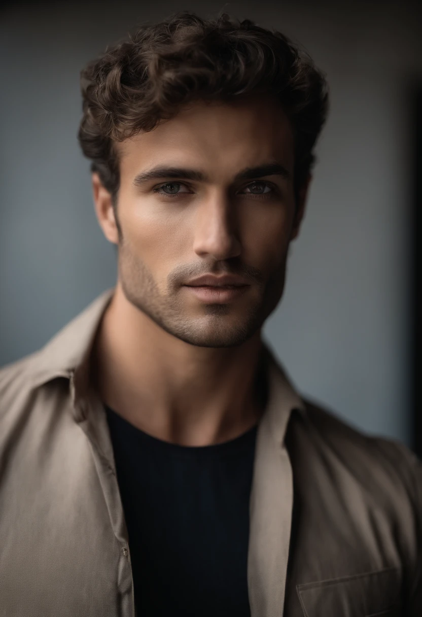 mbres sensuelles: The enigmatic handsome man look - Immerse yourself in sensual shadows with an extreme close-up that highlights striking eyes and short, curly brown hair, (shaven:1.3). The mastery of light and shadow adds depth to its masculine aspect in this dramatic composition... Captured with a Fujifilm GFX 100S and a Fujinon GF 63mm f/2.Objectif 8 R WR --ar 9:16 --s 350 --c 10 --style brut