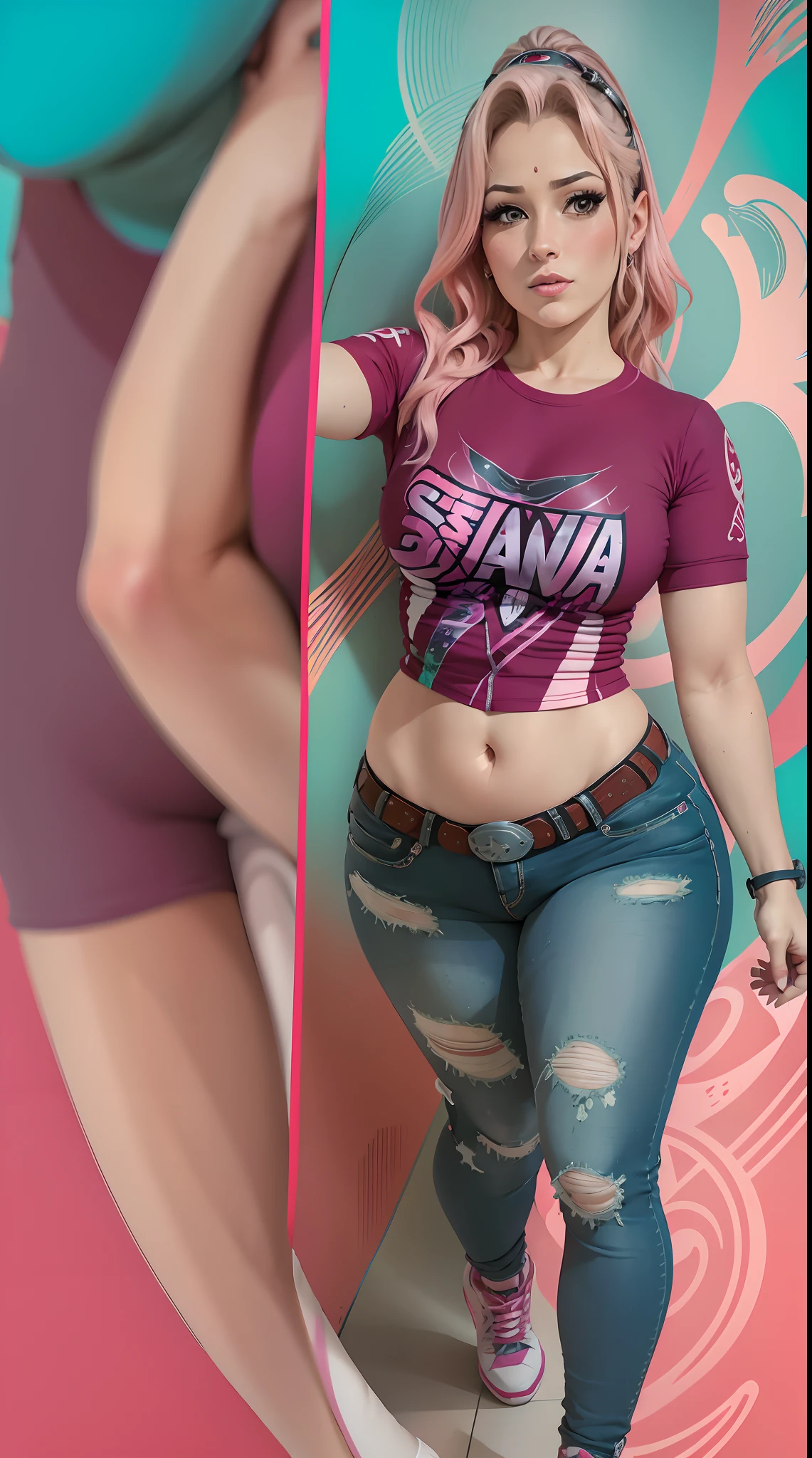Sakura Haruno, extremamente sexy, short curto, bermuda curta, bunda grande, pernas grossas, camiseta da Barbie, mostrando Umbigo, mostrando parte da bunda, Air Jordan Sneakers, corpo inteiro, Chameleon color background, 8k