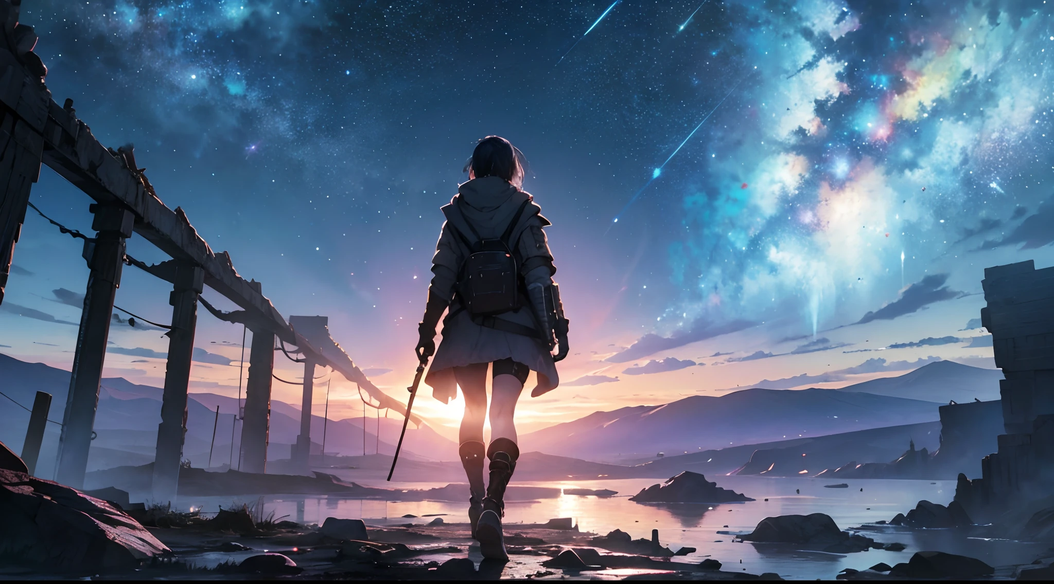 A lone wanderer roams a desolate wasteland, their body adorned with intricate tattoos pulsating with iridescent light. The sky above is a mesmerizing display of swirling nebulae, casting an ethereal glow upon the rugged terrain. They stand atop a decaying structure, gazing at the remnants of a post-apocalyptic world. Their eyes, filled with melancholy, hint at a hidden power waiting to be unleashed.
