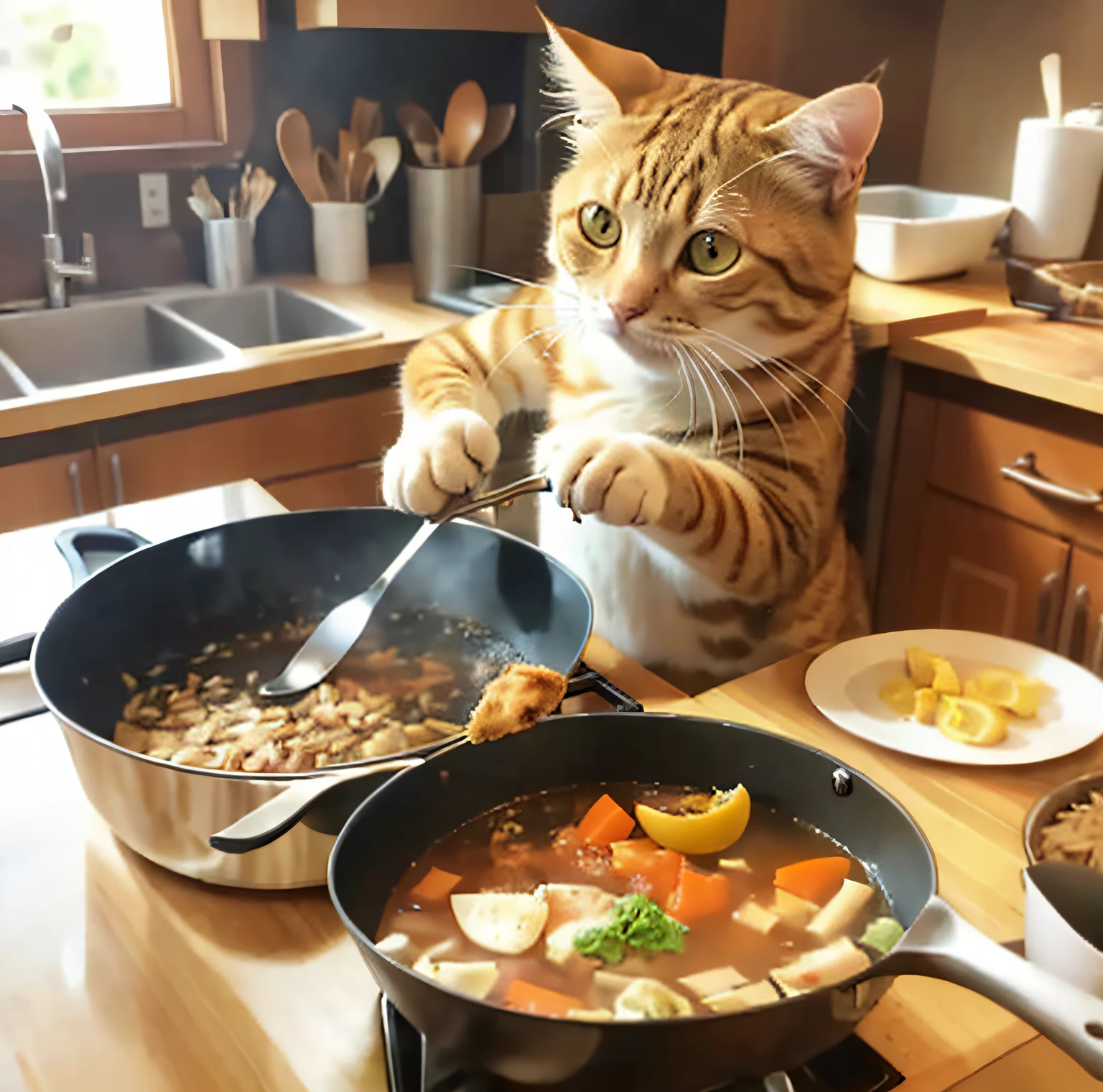 The Alabi cat sits on the kitchen counter with a pot of food, the cat cooks soup, cooking it up, Cooking, cat eating, dinner is served, wok, ginger cat in mid action, ratatouille style, gourmet cooking, miko, On plates and tables, Ready to eat, Cooked, funny cat, cat attacking tokyo