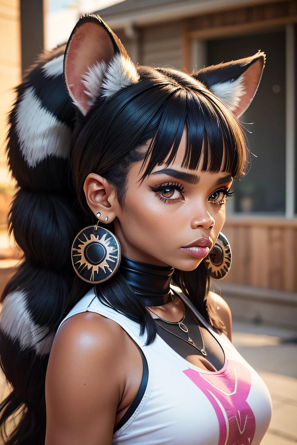 Groovy Aboriginal Australian 40 year old female raccoon face and ears, with human body, 3/4 profile portrait black woman, modern fashionable style. funky wild 2023 accessories. etc. blurry suburban home background