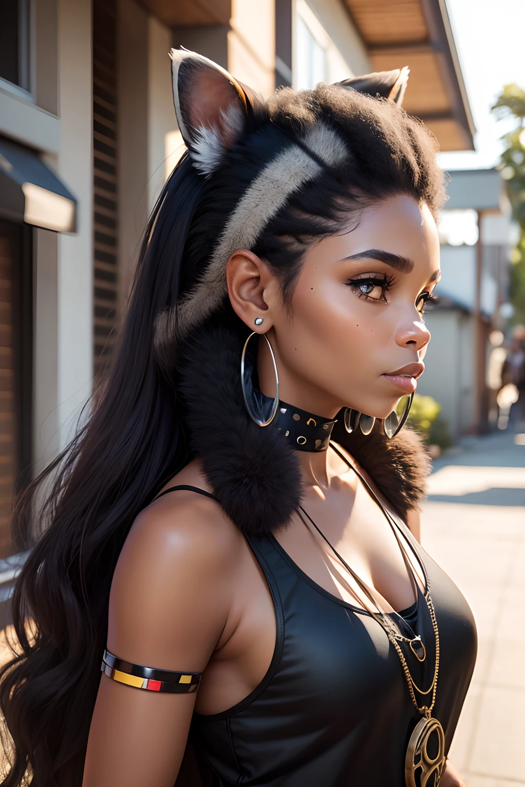Groovy Aboriginal Australian 40 year old female raccoon face and ears, with human body, 3/4 profile portrait black woman, modern fashionable style. funky wild 2023 accessories. etc. blurry suburban home background