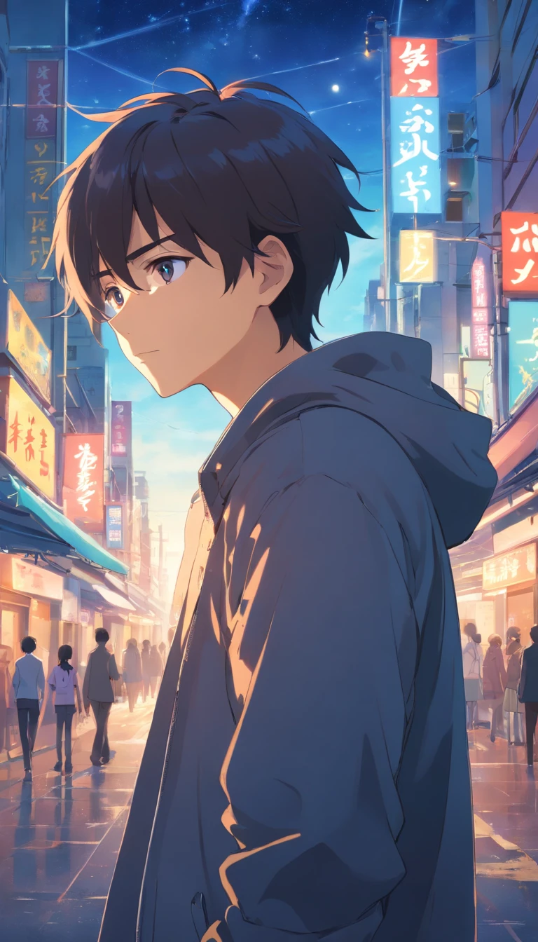 masterpiece、Adults、30Uncle of the generation、twinks、Forehead、30-years old、A dark-haired、Black jacket、Black pants、white t-shirts、Give bangs、Sticking out your forehead、twinks、Eyes drawn in detail、a handsome、Inside the city、starrysky、Mystical light、Dramatic light、Cinematic power、