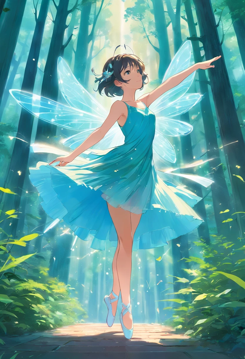 airy, Complex forest, Dancing ballet girl fairy composed from head to toe with transparent splashes, Eta、The sky blue dress is depicted on the cover of Gothic notes.