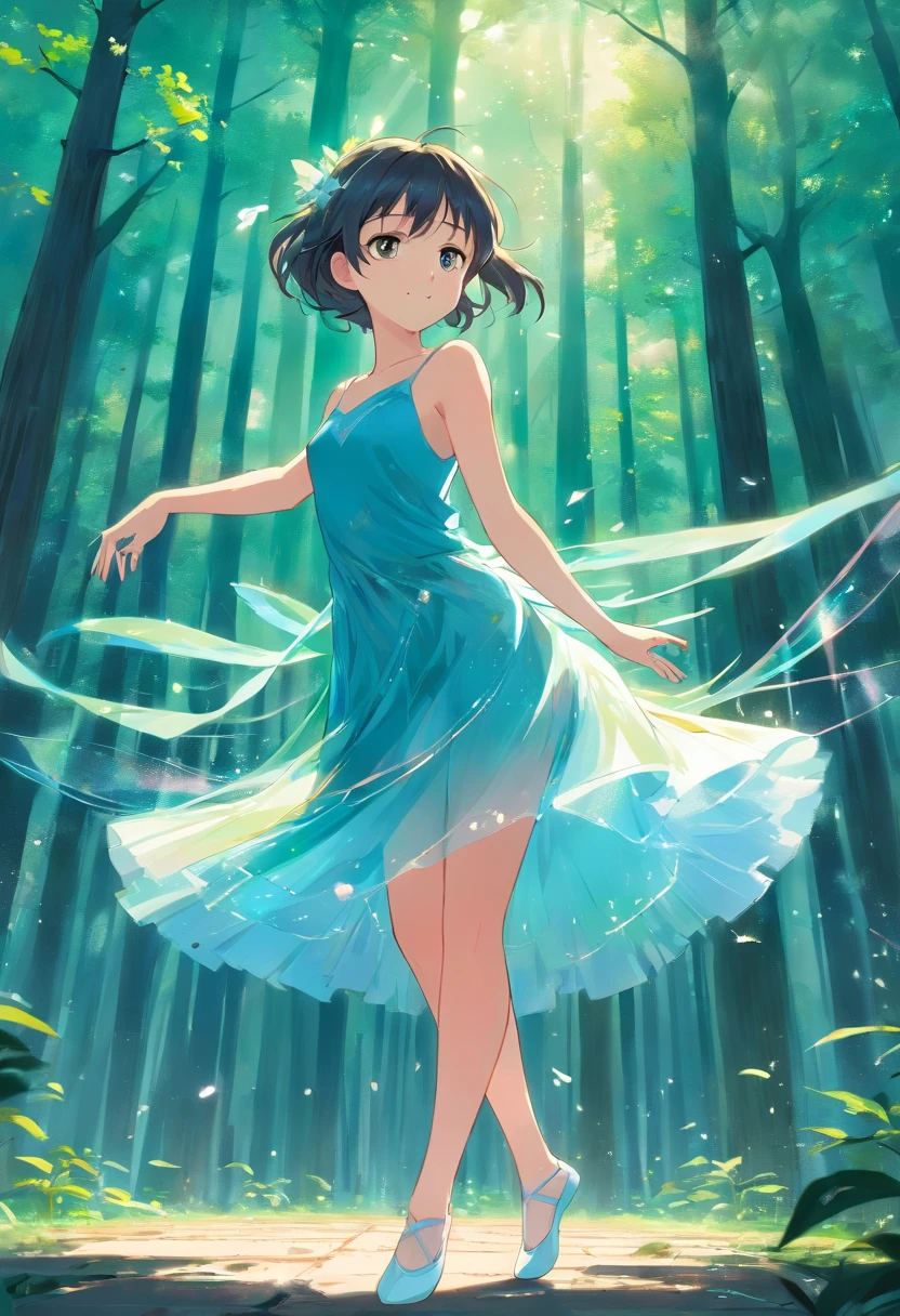 airy, Complex forest, Dancing ballet girl fairy composed from head to toe with transparent splashes, Eta、The sky blue dress is depicted on the cover of Gothic notes.