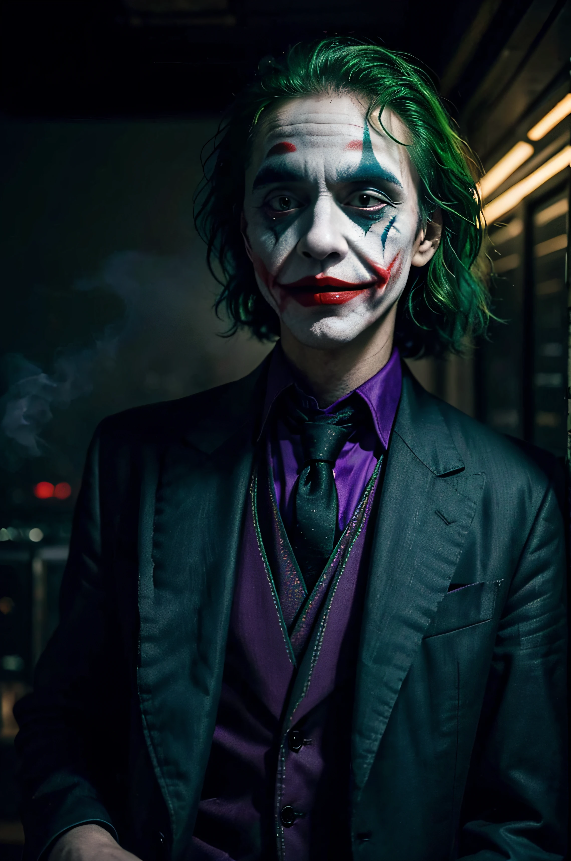best quality,ultra-detailed,joker in a darkly lit,haunting and eerie urban landscape,expressive and detailed face paint,distorted and twisted smile,green hair,red lipstick,manic and crazed eyes,wearing a purple suit,joker holding a deck of playing cards,in the background,a broken and crumbling city skyline,with flickering neon lights and billowing smoke,providing an eerie atmosphere,the painting has a dark and surrealistic vibe,color palette is dominated by deep,rich shades of purple and green,accentuated by contrasting pops of vibrant red,with a dramatic and moody lighting,casting deep shadows and highlighting the joker's sinister appearance.