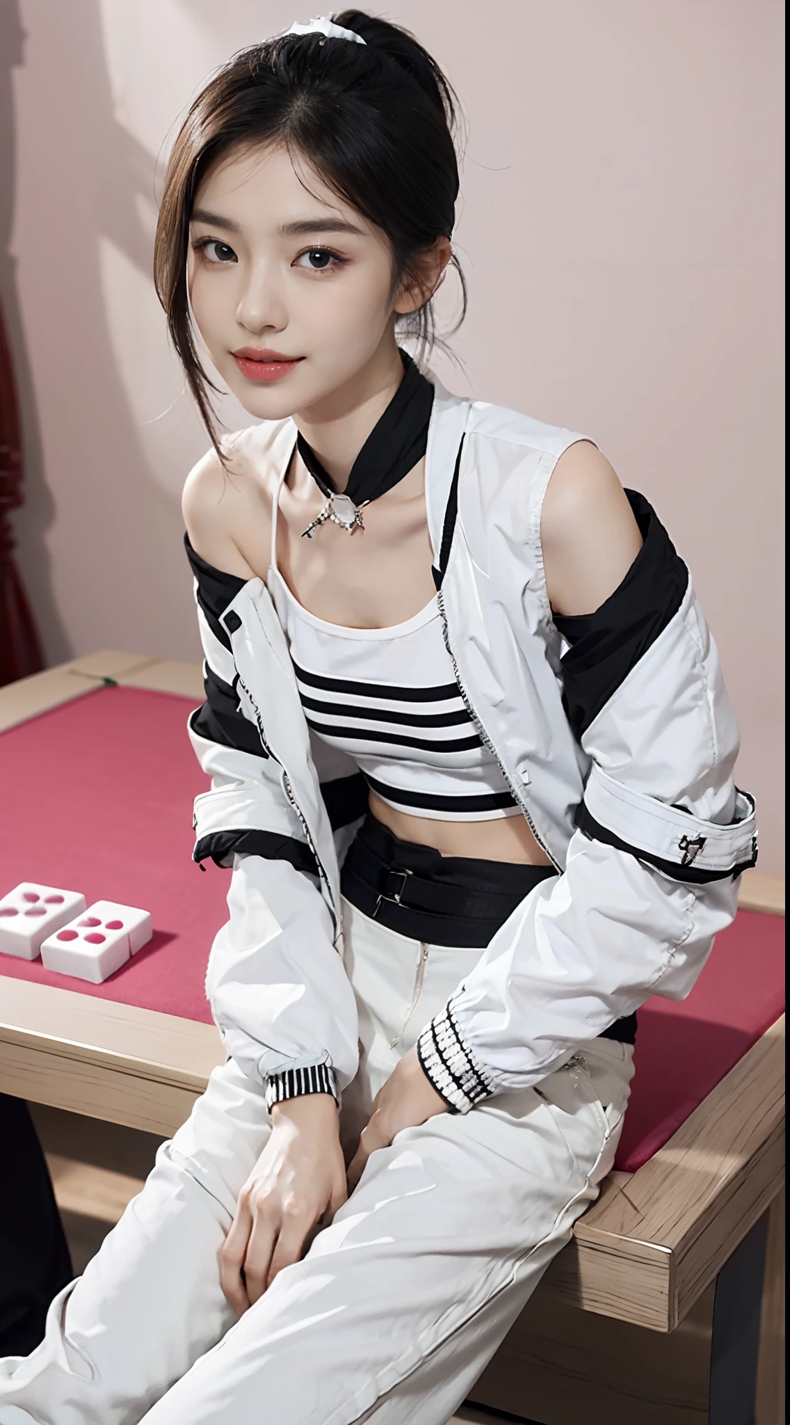 (shoulder-length straight short hair: 1.2),Upper body, （Extremely meticulous CG 8k wallpaper），（Extremely refined and beautiful），（Masterpiece），（best qualtiy:1.0），（Ultra High Resolution:1.0），beautiful light up，Perfect lightning，realistic shaded，[A high resolution]，Smooth and flawless fair skin，Extremely exquisite facial details，ultra - detailed，A  girl，small head，Smile，cheerfulness,Summer，afternoon，Close Shot，at home，In living room,pink red background，(Sitting on a chair next to a mahjong table:1.3),（A very detailed mahjong table:1.3）,(enjoying a comfortable and intoxicated expression,small face,(perfect body:1.1）,small breasts，flat chest，slim，thin， legs，shoulders off，bare shoulders，Charming collarbone，flowers,sideways,Short ponytail, (fashionable black and white jacket:1.5), white top tank,(black long pants:1.4), black military boots