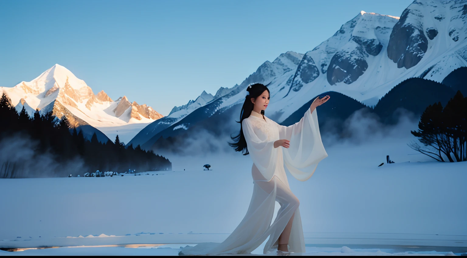 Side whole body，Kunlun Mountain，The black-haired fairy descends the mountain，Tai Chi stunts，Pure mantra hard ginseng，full bodyesbian，Combat posture，Low viewing angle，Dim background，It was surrounded by a large amount of thick white fog，（（an extremely delicate and beautiful one），（（Brunette hair all over the body）），（（Water balloons in hand）），Lightning surrounds the dark-haired woman，（（water sphere）），Taoist temple，Taiqing Palace，Hanging water balloons，There is lightning inside the water balloon，unreal-engine，巨作， the highest picture quality，Highest resolution，8K,Extremely detailed images，Moon light，Shadow optimization，Realistic style，Black Haired Woman，Face away from the camera