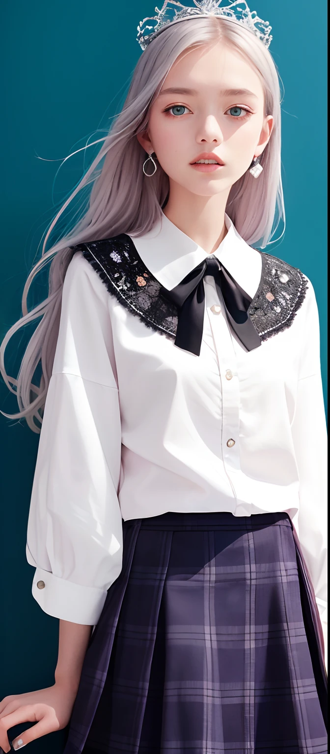 1girl, (masterpiece:1.1), (best quality:1.1), (white blouse:1.1), (checkered skirt:1.1), school uniform, high-waist skirt, BREAK [blue:pink:0.5] theme, (gradient background:1.1), cowboy shot, BREAK silver hair, long hair, , green eyes, intricate detailed tiara, looking to the side,