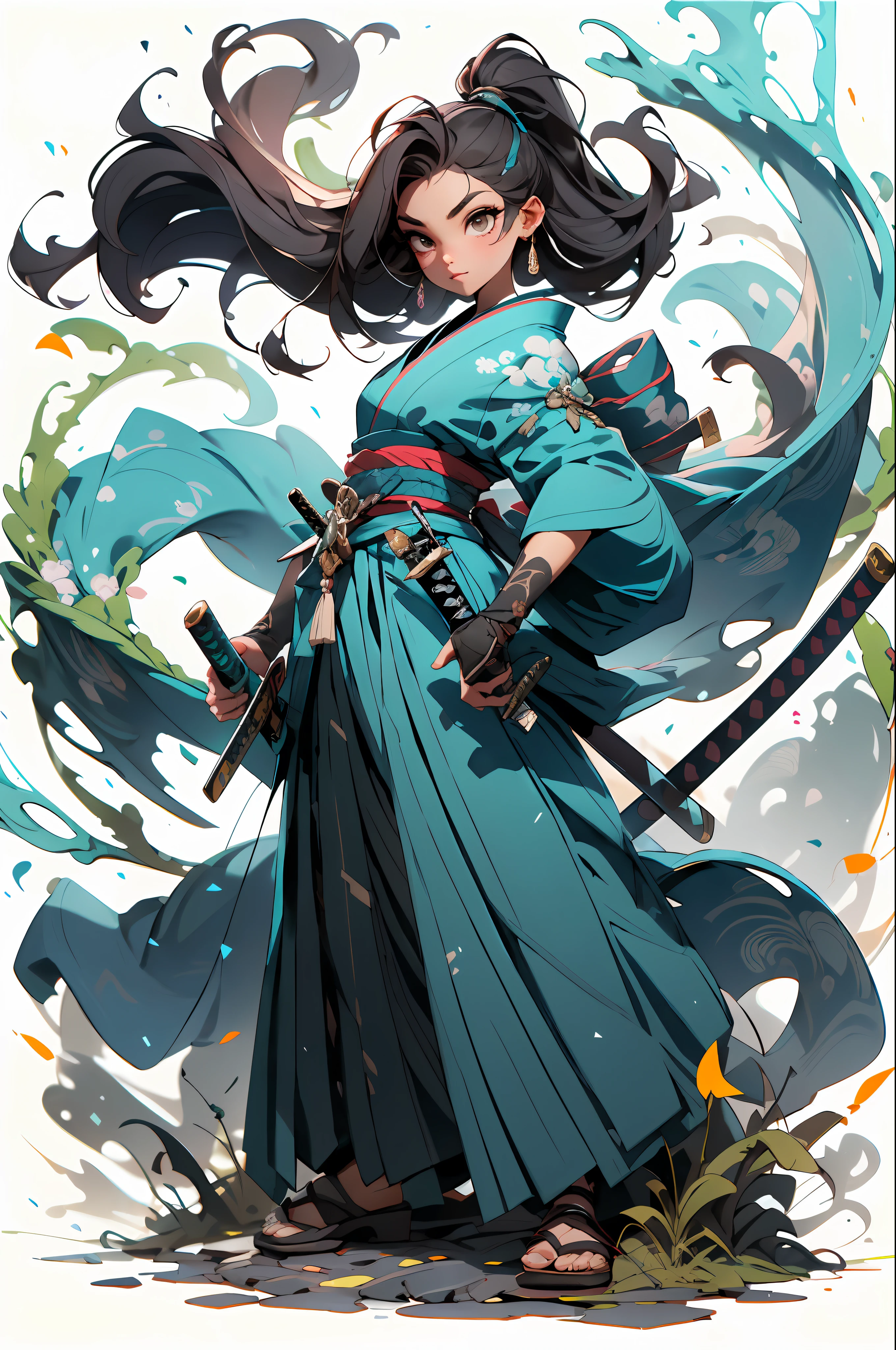 , arma, 1girl, cabelo longo, foco feminino, espada, solo, roupas azuis, roupas japonesas, segurando, segurando a arma, katana, segurando espada, bainha, , , mangas longas, , haori, , hakama, quimono azul, sheathed, corpo inteiro,
,,