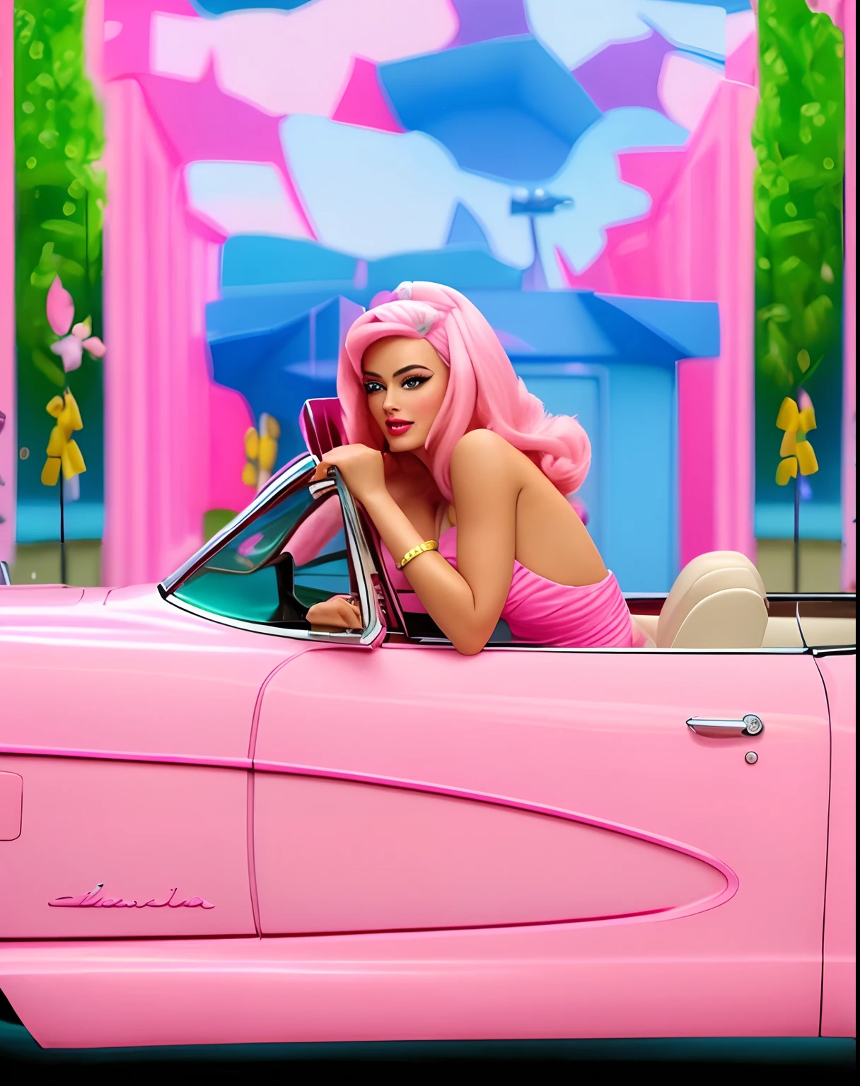 Mulher loira em um carro rosa com um pano de fundo rosa, Barbie, videoclipe, pink iconic character, boneca Barbie, foto comercial do brinquedo, Margot Robbie como Afrodite, 5 0 s aesthetic, O filme, inspirado em Bunny Yeager, filme, plastic barbie doll, Emma, description, cultura pop