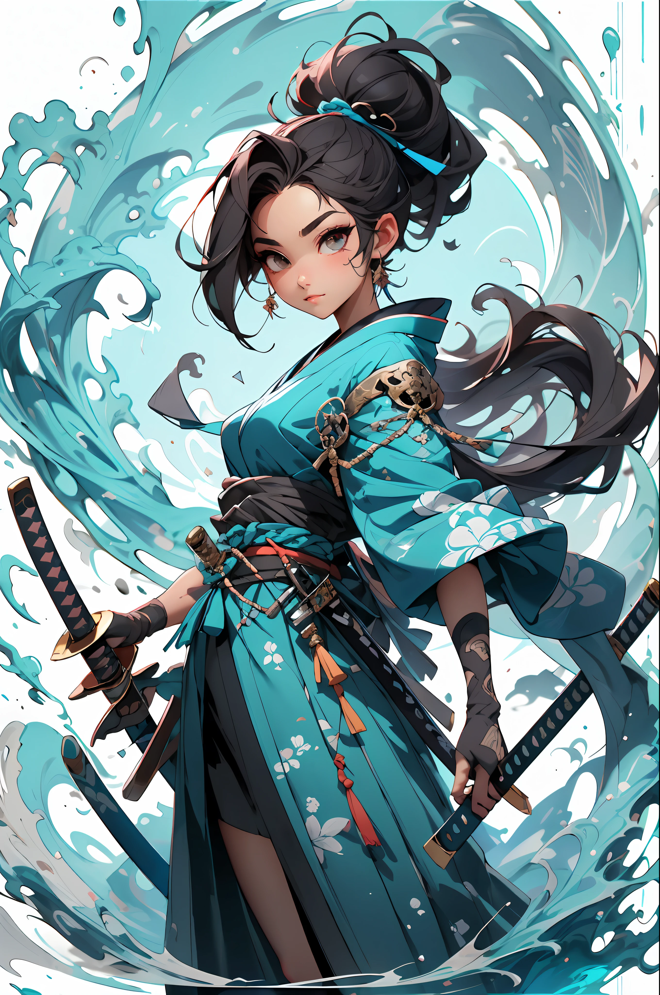 , arma, 1girl, cabelo longo, foco feminino, espada, solo, roupas azuis, roupas japonesas, segurando, segurando a arma, katana, segurando espada, bainha, , , mangas longas, , haori, , hakama, quimono azul, sheathed, corpo inteiro, azul Agua
,,