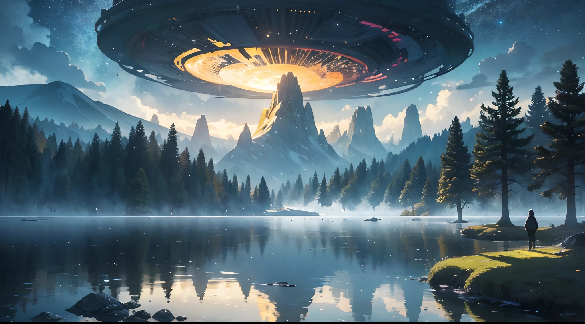 A lone figure stands in the midst of an otherworldly landscape, where towering crystalline structures reach towards the sky. The ground below is covered in a kaleidoscope of iridescent moss and fungi, emitting a soft ethereal glow. In the distance, strange bioluminescent creatures float gracefully, casting hypnotic reflections on the shimmering surface of a tranquil lake. The atmosphere is filled with a delicate mist, enveloping the scene in an otherworldly aura. Render this surreal realm with intricate detail and a touch of mystique.