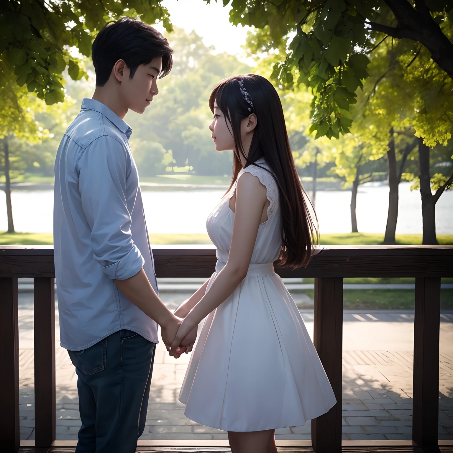 recollect、Dating scene of a young couple、top-quality、masterpiece、超A high resolution、(Photorealsitic:1.4)、(one male individual、1 female:1.2)、Raw foto、Let's hold hands and get along、