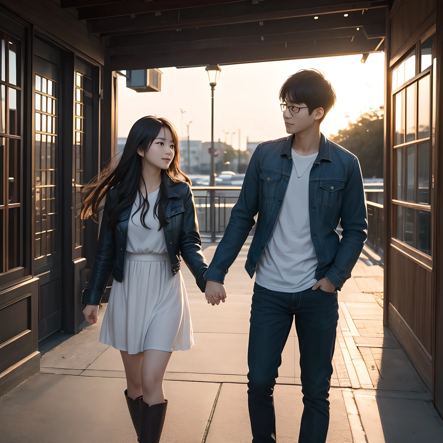 recollect、Dating scene of a young couple、top-quality、masterpiece、超A high resolution、(Photorealsitic:1.4)、(one male individual、1 female:1.2)、Raw foto、Let's hold hands and get along、
