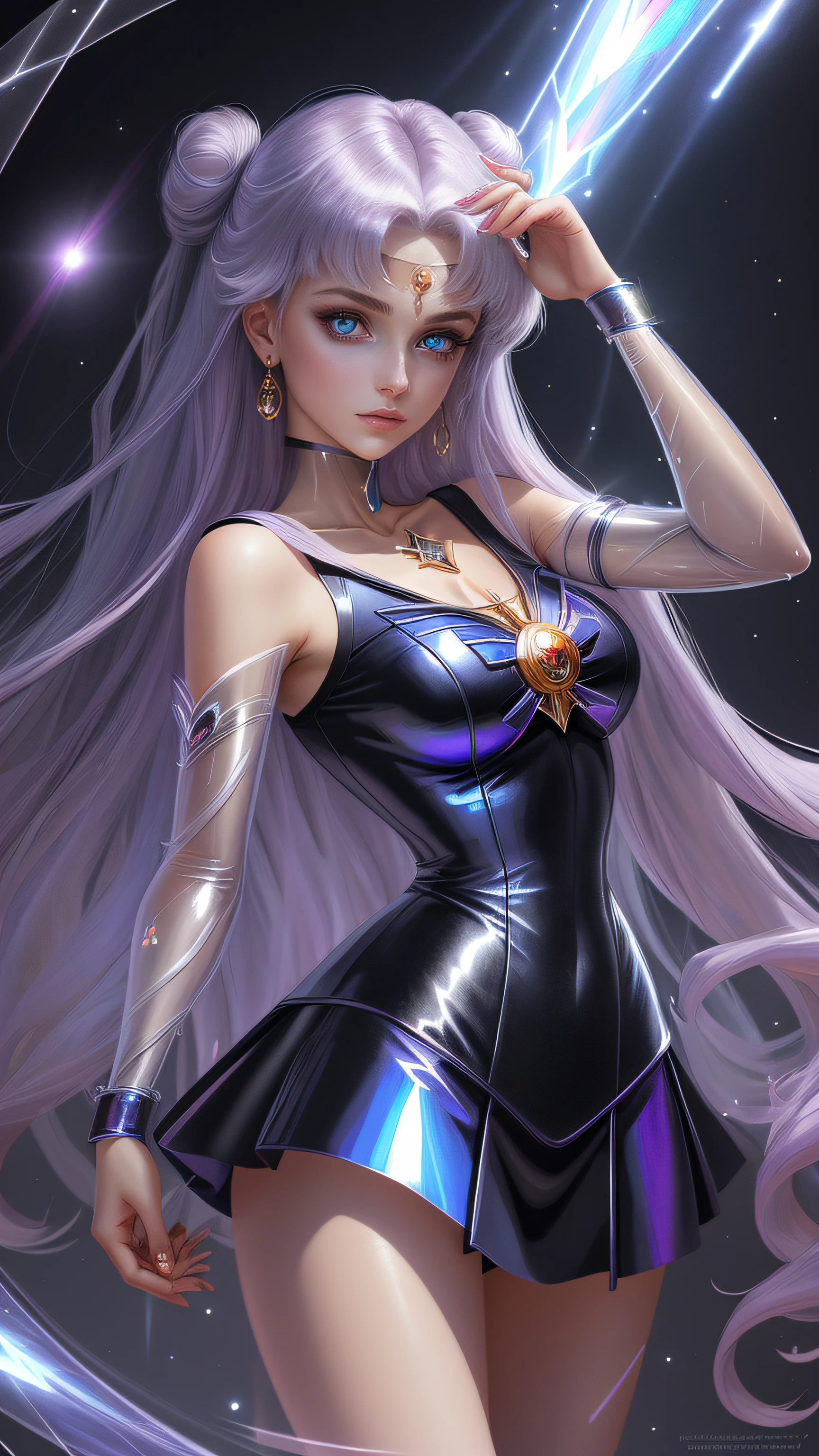 masutepiece, beautiful Girl , Sailor Moon Style , Laser Clear PVC Texture Translucent Clothing , prisma , Melancholy expression, Beautiful eyes , brilliance , Jewelry , Portrait , game original painting , anime character concept design , Beautiful face , Sacred, long transparent iridescent GB hair, Transparent iridescent reflection of her hair, Highly detailed, Gorgeous Holy Girl, beautiful light on black background