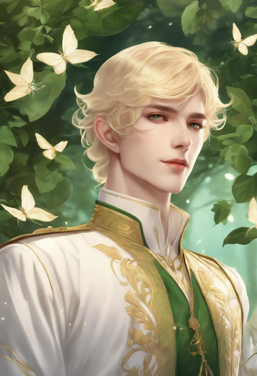 anime, flat vector art, {stunning male fairy elf}, Luminous Studio graphics engine, goth Renaissance, long blonde hair, ethereal mint green irises, light skin, perfect and detailed angular sharp diamond shaped human face, gold, Ray tracing, full lips, {defined blonde eyebrows}, leaves, gold,green glitter, luxurious forest detailed background, green uniform, (1guy), sharp focus, perfect anatomy, extremely detailed illustration, approaching perfection, dynamic, intricate details, ultra high definition, 8k resolution, glamour, glimmer, ethereal, {art by Ayami Kojima}, {art by Heise}, artstation, aesthetic, gothic, Lace, concept art, smooth, dreamy, backlit, fantastical, shadows, smooth, illustration, androgynous