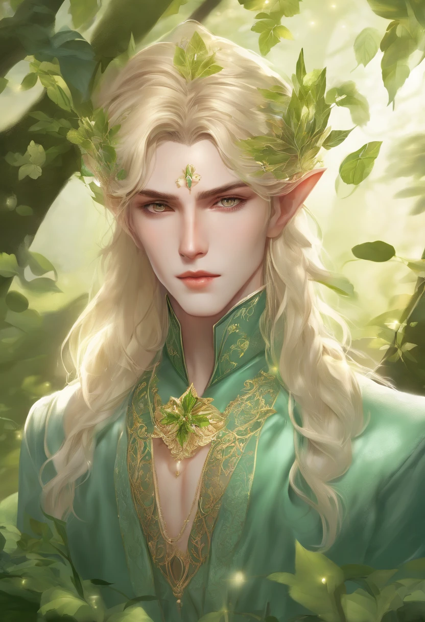 anime, flat vector art, {stunning male fairy elf}, Luminous Studio graphics engine, goth Renaissance, long blonde hair, ethereal mint green irises, light skin, perfect and detailed angular sharp diamond shaped human face, gold, Ray tracing, full lips, {defined blonde eyebrows}, leaves, gold,green glitter, luxurious forest detailed background, green uniform, (1guy), sharp focus, perfect anatomy, extremely detailed illustration, approaching perfection, dynamic, intricate details, ultra high definition, 8k resolution, glamour, glimmer, ethereal, {art by Ayami Kojima}, {art by Heise}, artstation, aesthetic, gothic, Lace, concept art, smooth, dreamy, backlit, fantastical, shadows, smooth, illustration, androgynous