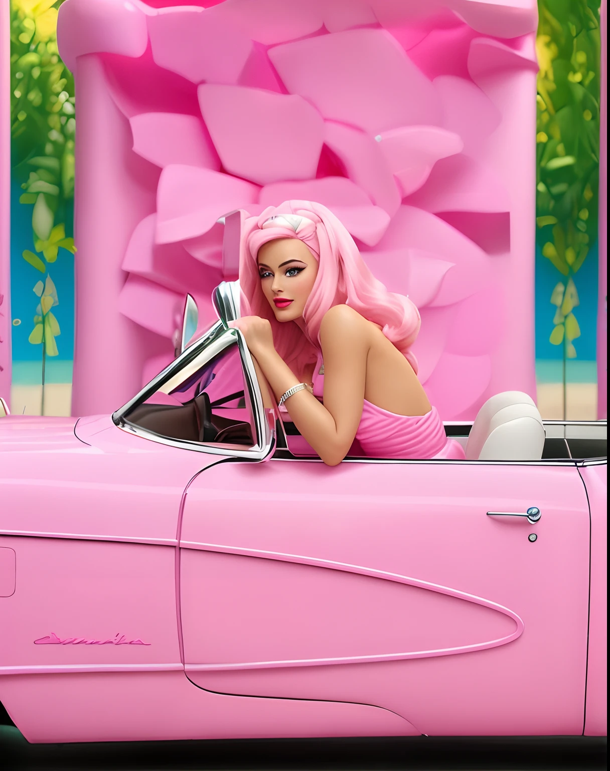 Mulher loira em um carro rosa com um pano de fundo rosa, Barbie, videoclipe, pink iconic character, boneca Barbie, foto comercial do brinquedo, Margot Robbie como Afrodite, 5 0 s aesthetic, O filme, inspirado em Bunny Yeager, filme, plastic barbie doll, Emma, description, cultura pop