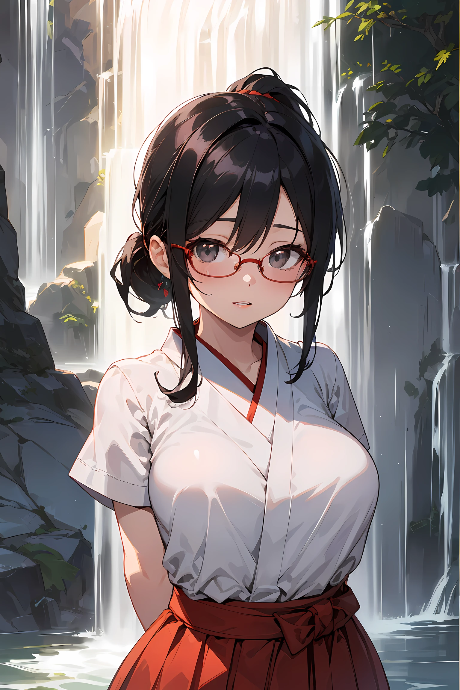 (Go inside the waterfall:1.3), high resolution, Photo of a beautiful woman detailed_face, young handsome girl,realistic:0.5, perfect skin, (wearing a glasses:1.5), from behind:1.5, (ultra-detailed background, detailed background), bokeh, make happy expressions, happy emotion, gorgeous,pure, beautyfull detailed face and eyes,breasts, (black eyes:1.1), (a extremely pretty and beautiful Japanese woman), (sexy girl), (professional attire:1.3), (22 years old: 1.1), BREAK, (lovely outfit:1.2), (detailed miko outfit:1.2), (white dogi:1.2), (red hakama:1.2))), beautiful detailed skin, (cute:1.2), (black hair), ((jpop idol)), (upper thigh:0.6), (depth of field),soft light, Lens Glow looking at viewer, (Drooping eyes:1.2), straight teeth,smile, floating hair, (black hair:1.2), brown eyes BREAK movie scene, cinematic, full colors, 4k, 8k, 16k, RAW photo, masterpiece, professionally color graded, professional photography, high school girl, hair up, , soft clean focus, realistic lighting and shading, (an extremely delicate and beautiful art)1.3, elegant,active angle,dynamism pose BREAK (ponytail:1.3), (shiny-black thin hair:1.2), bangs, dark brown eyes, beautiful eyes, princess eyes, (big eyes:1.3), bangs, wearing a glasses:1.3, Hair between eyes, short hair:1.3, (slender:1.1), (medium-breasts:0.95), (thin waist: 1.15), (detailed beautiful girl: 1.4), Parted lips, Red lips, full-make-up face, (shiny skin), ((Perfect Female Body)), (upper body image:1.3), Perfect Anatomy, Perfect Proportions, (most beautiful Korean actress face:1.3, extremely cute and beautiful Japanese actress face:1.3), ,(1glasses girl:1.3, solo), ,(blush:1.1), gray background, solo focus, (bust shot:1.2), cinematic light, (nostalgic night scene:1.4), (waterfall:1.4), (moon light:1.3), (arms down:1.4), (looking at viewer:1.2), (in water:1.3), (under waterfall:1.3),